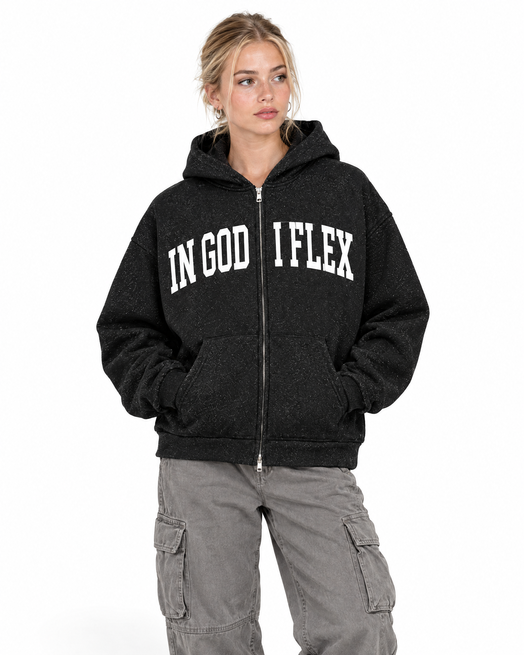 Let It Shine Full-Zip Hoodie in Black, worn by a model