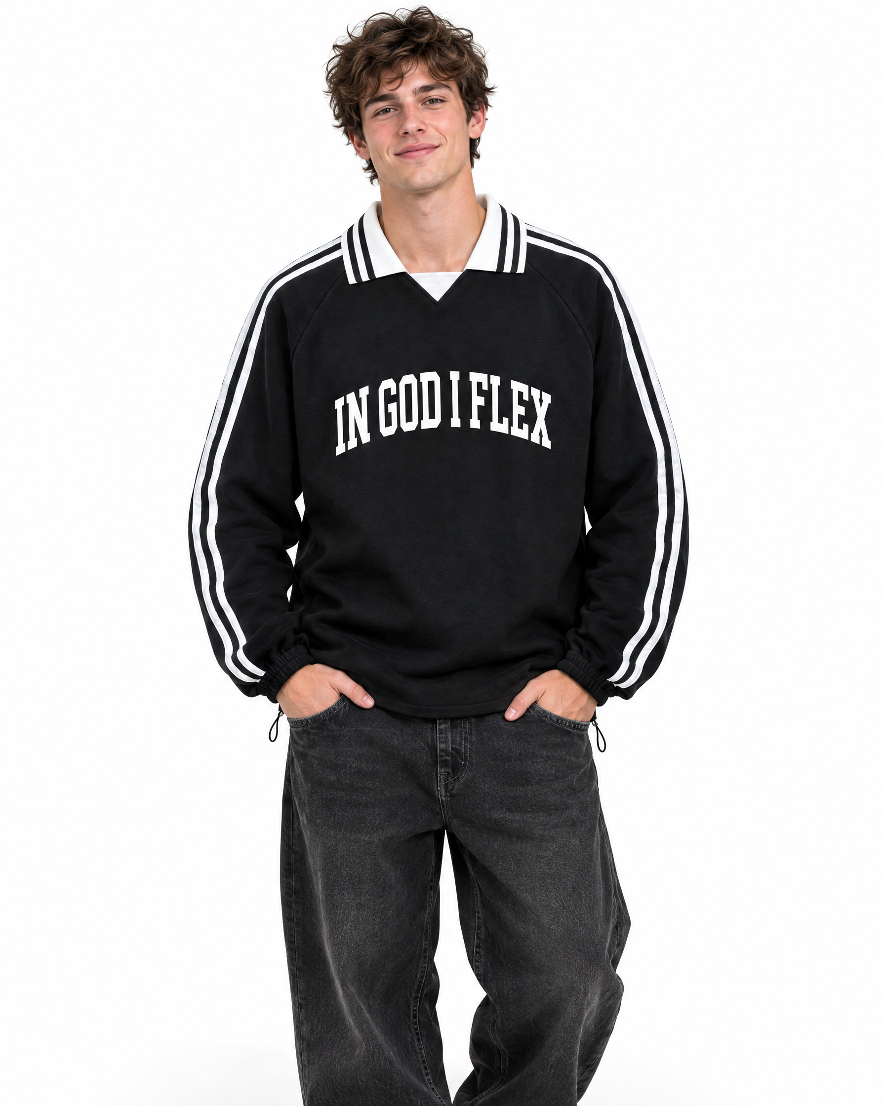 IGIF Club Collar Sweatshirt in Black, worn by a model