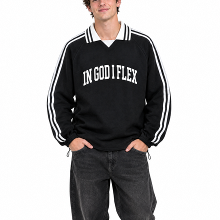 IGIF Club Collar Sweatshirt in Black, worn by a model