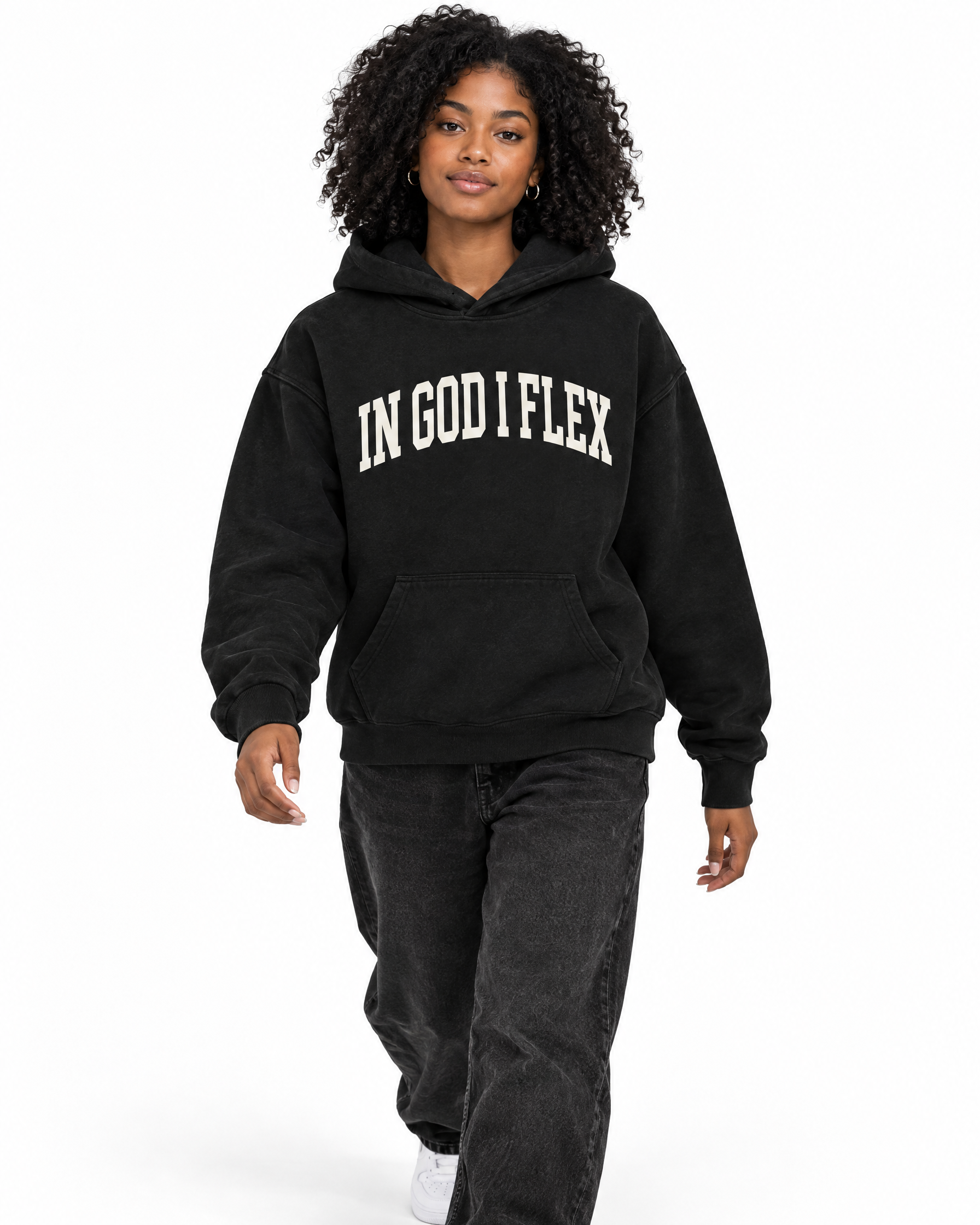 IGIF Oversized Fleece Hoodie in Black, worn by a model