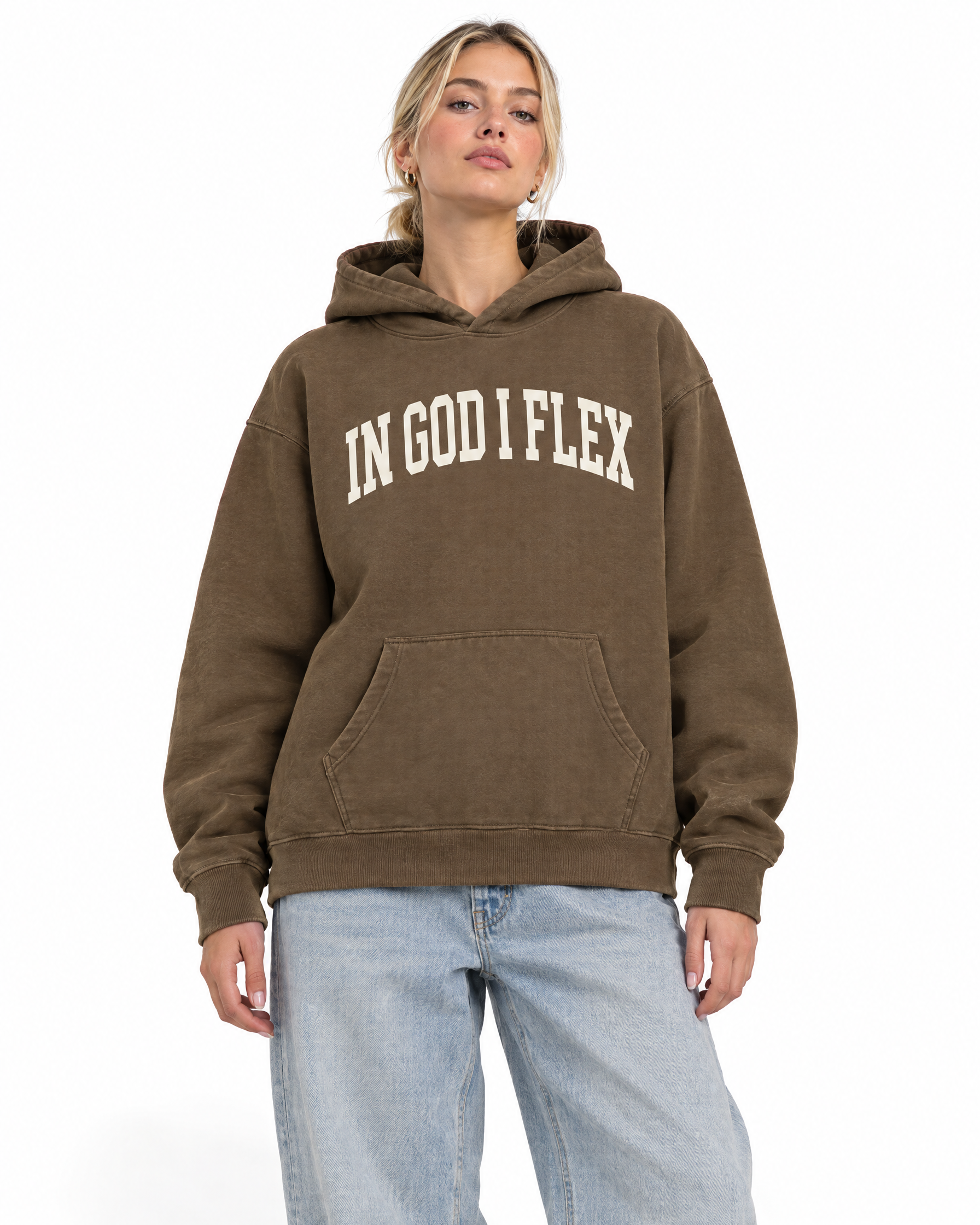 IGIF Oversized Fleece Hoodie in Brown, worn by a model