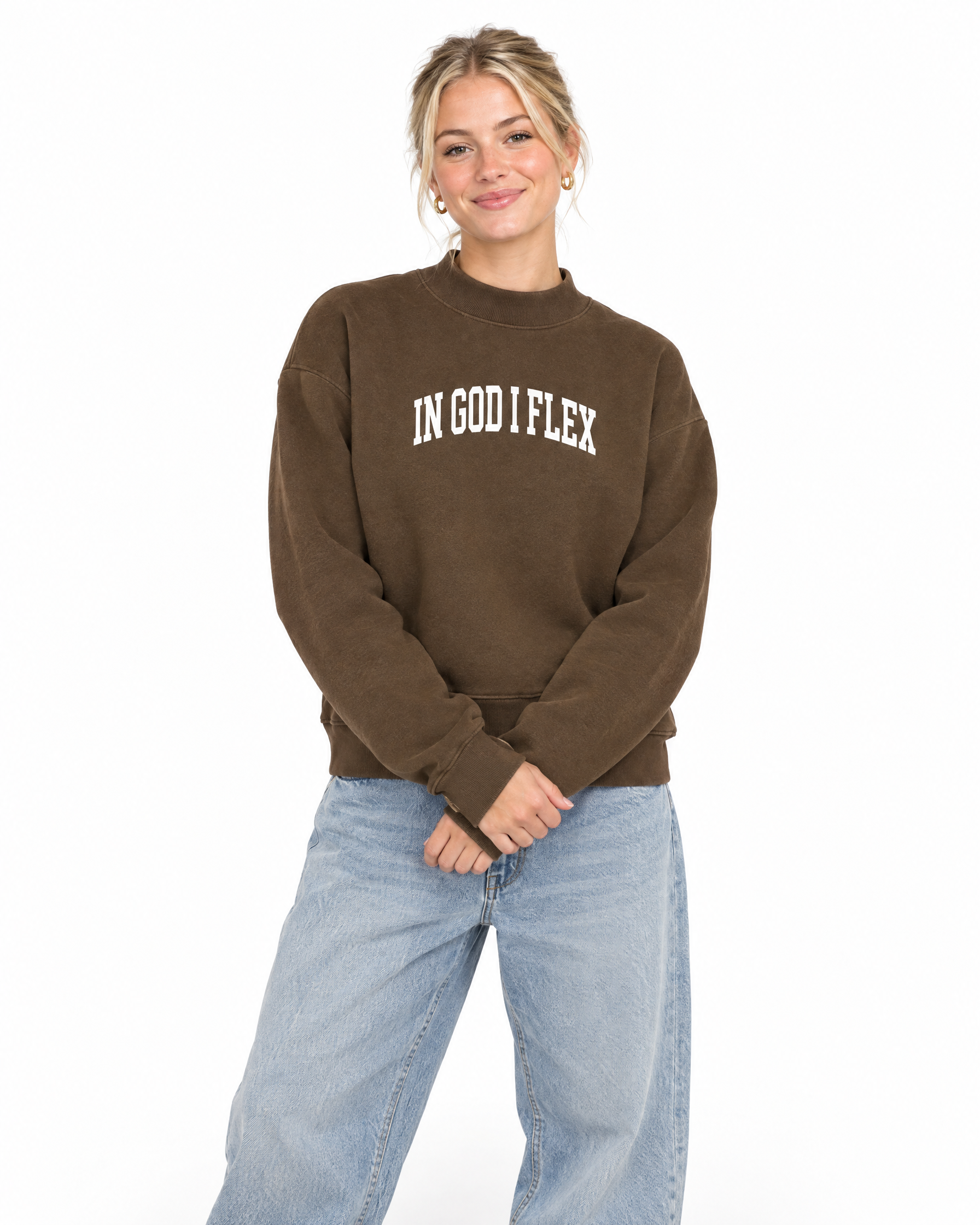 IGIF Mock-Neck Crew Sweatshirt in Brown, worn by a model