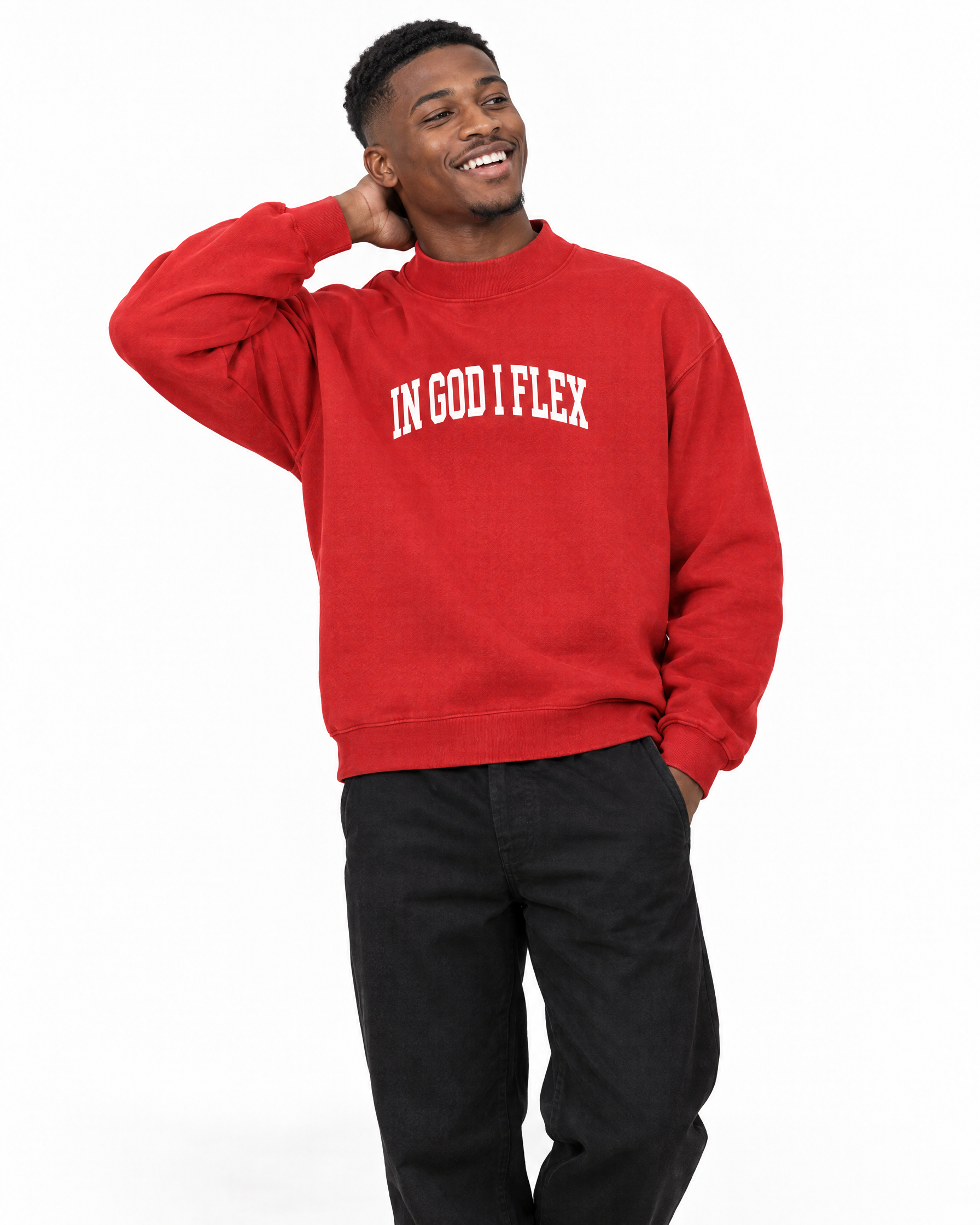 IGIF Mock-Neck Crew Sweatshirt in Red, worn by a model