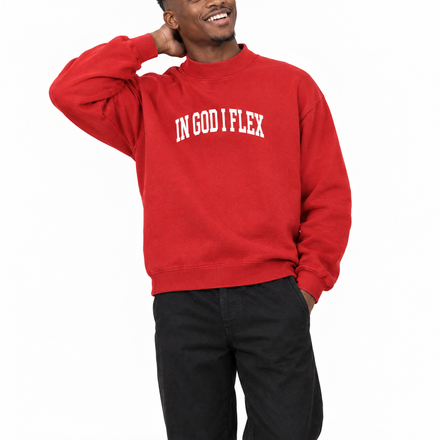 IGIF Mock-Neck Crew Sweatshirt in Red, worn by a model