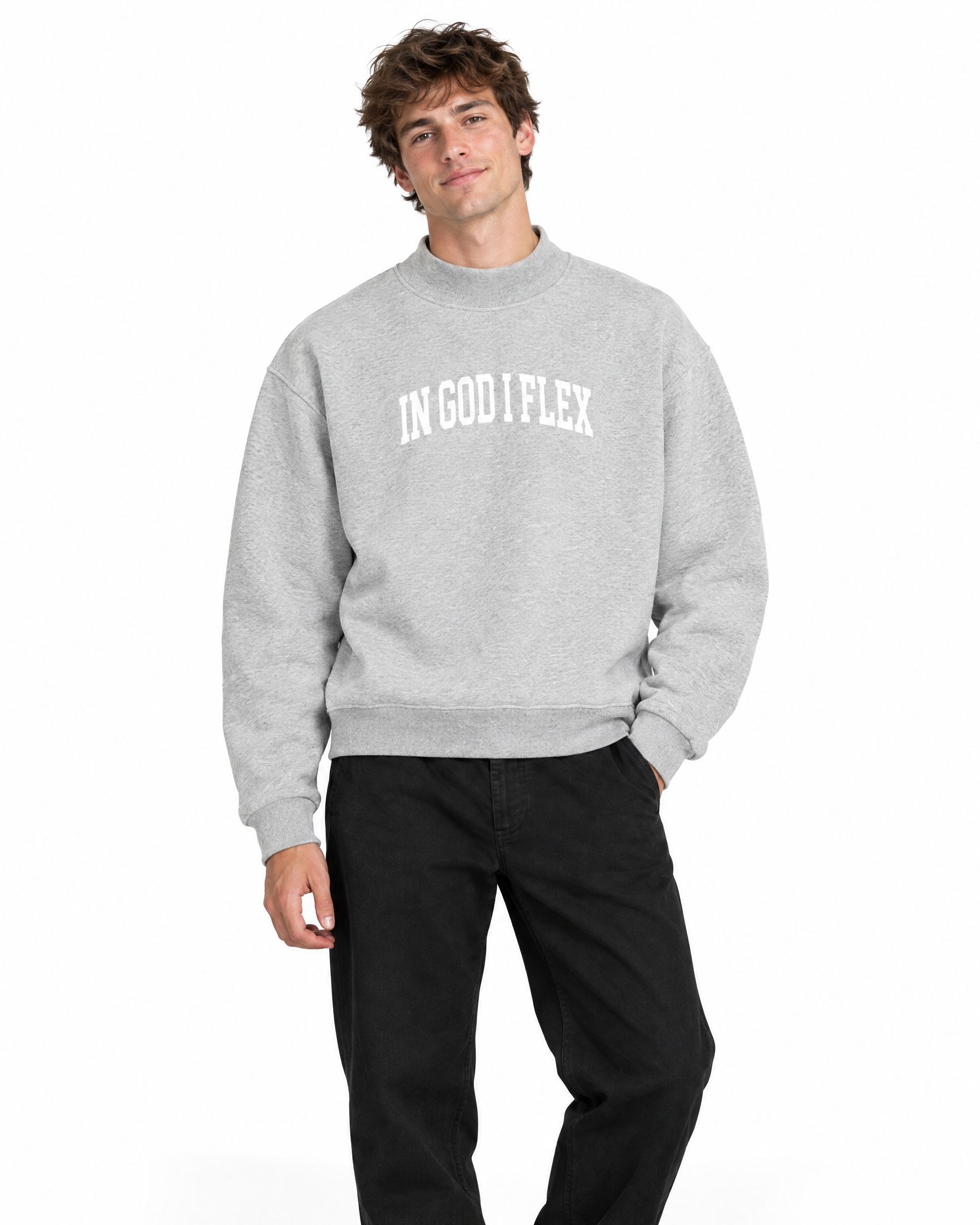 IGIF Mock-Neck Crew Sweatshirt in Flower Gray, worn by a model