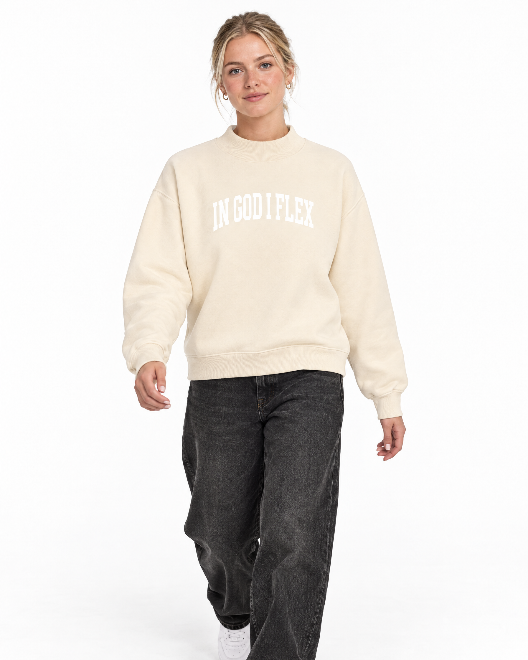 IGIF Mock-Neck Crew Sweatshirt in Cream Apricot, worn by a model