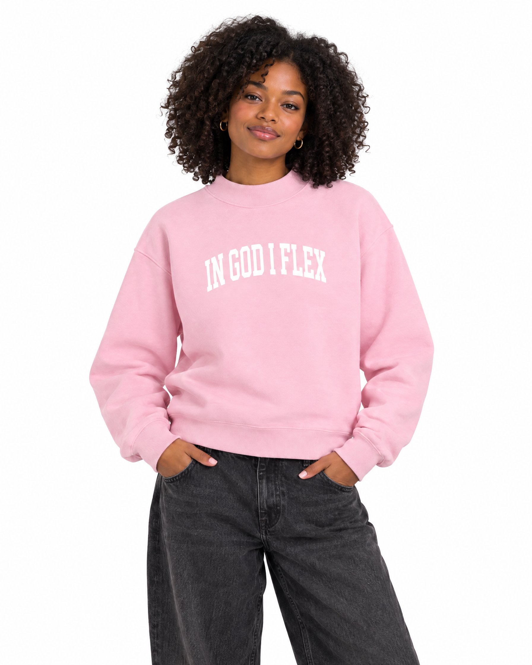 IGIF Mock-Neck Crew Sweatshirt in Pink, worn by a model