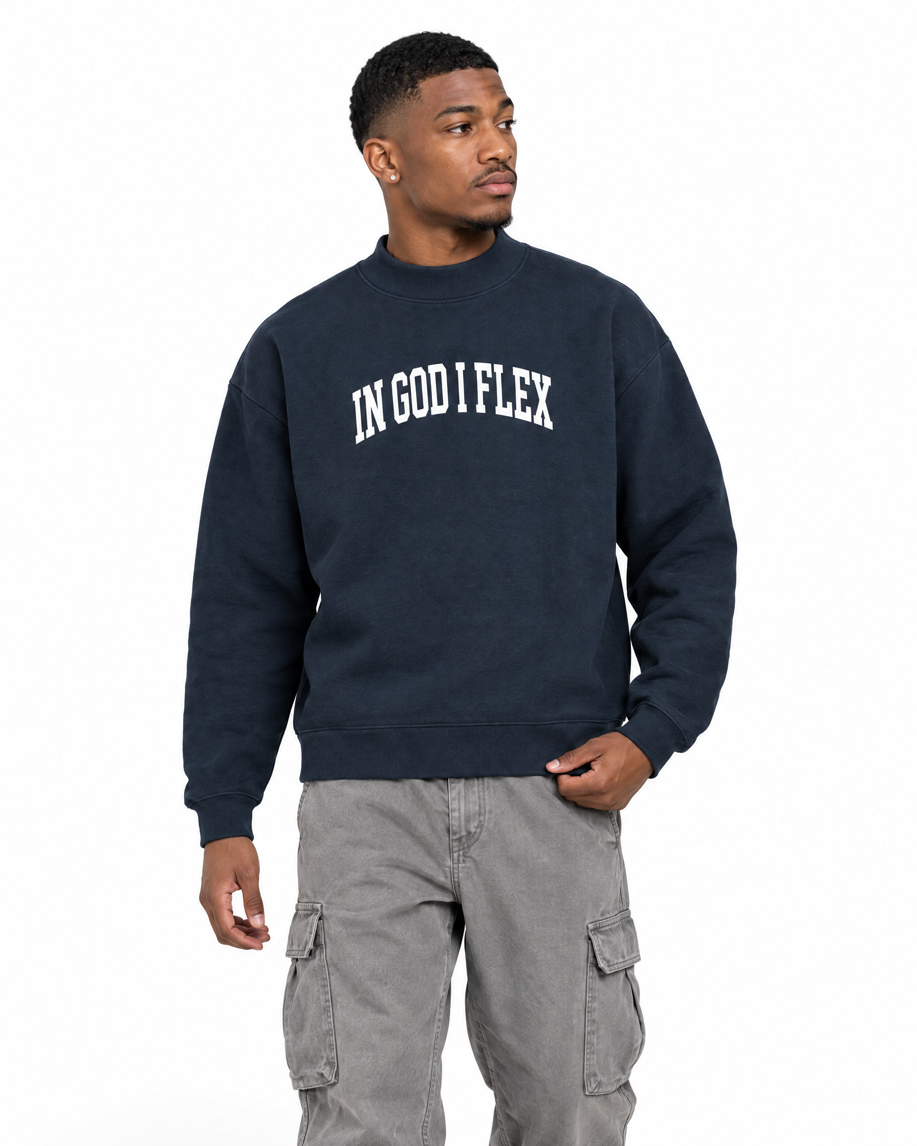IGIF Mock-Neck Crew Sweatshirt in Navy Blue, worn by a model