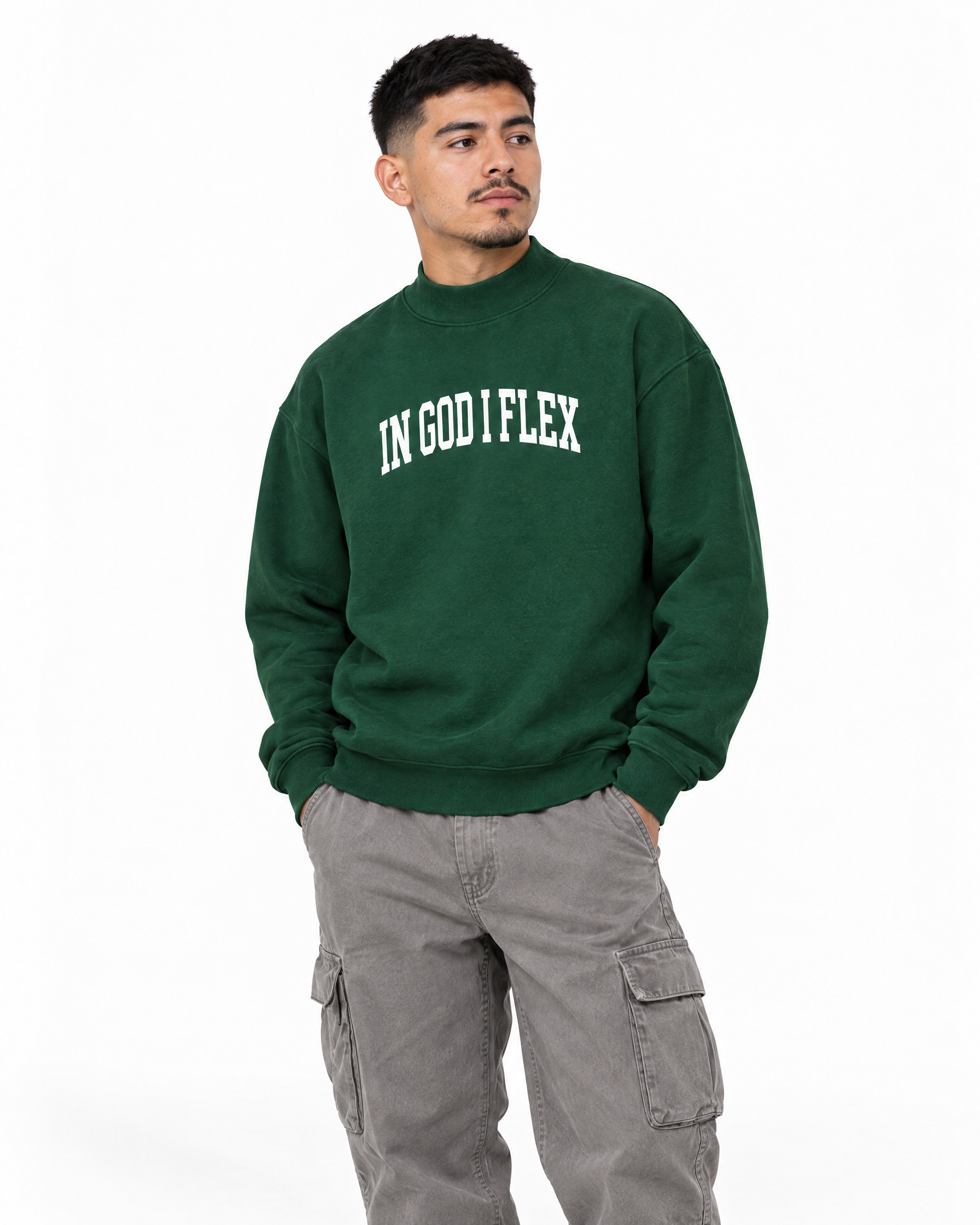IGIF Mock-Neck Crew Sweatshirt in Blackish Green, worn by a model