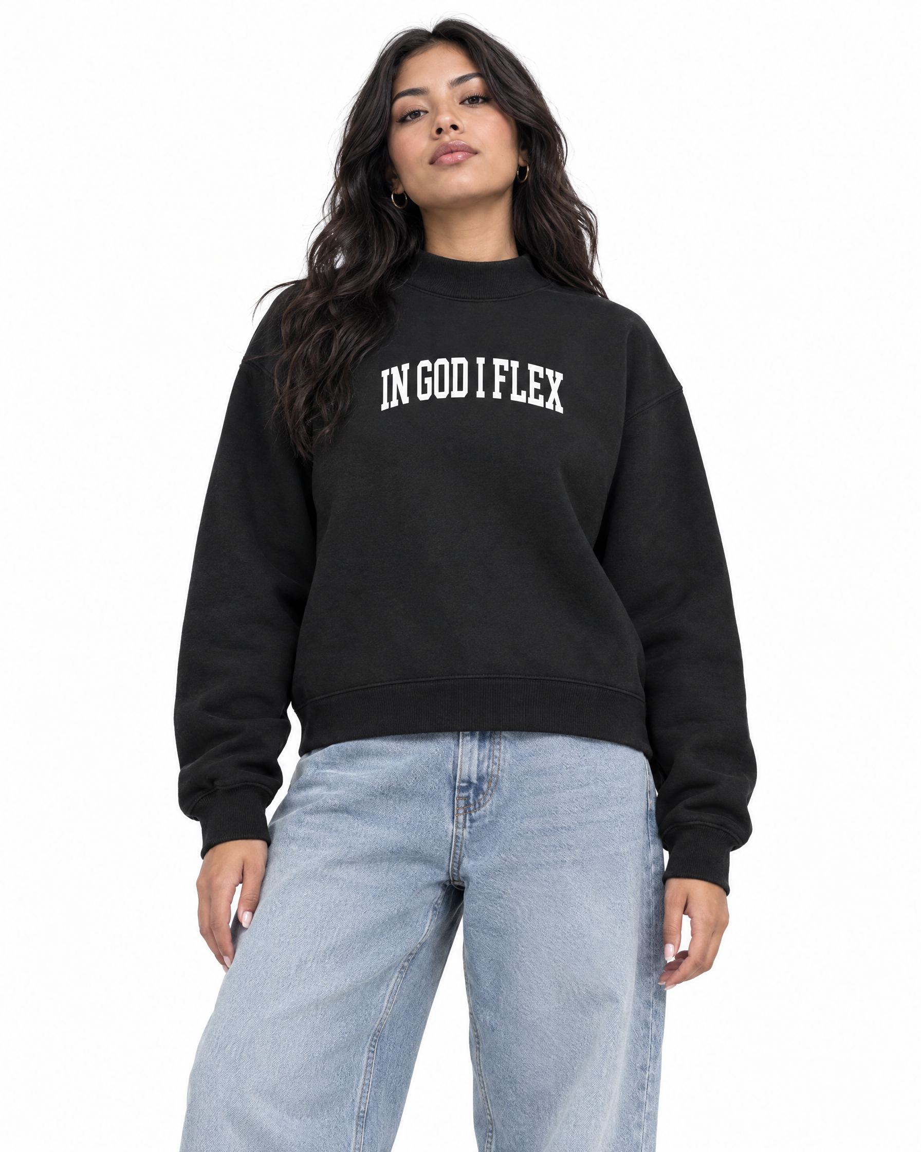 IGIF Mock-Neck Crew Sweatshirt in Black, worn by a model
