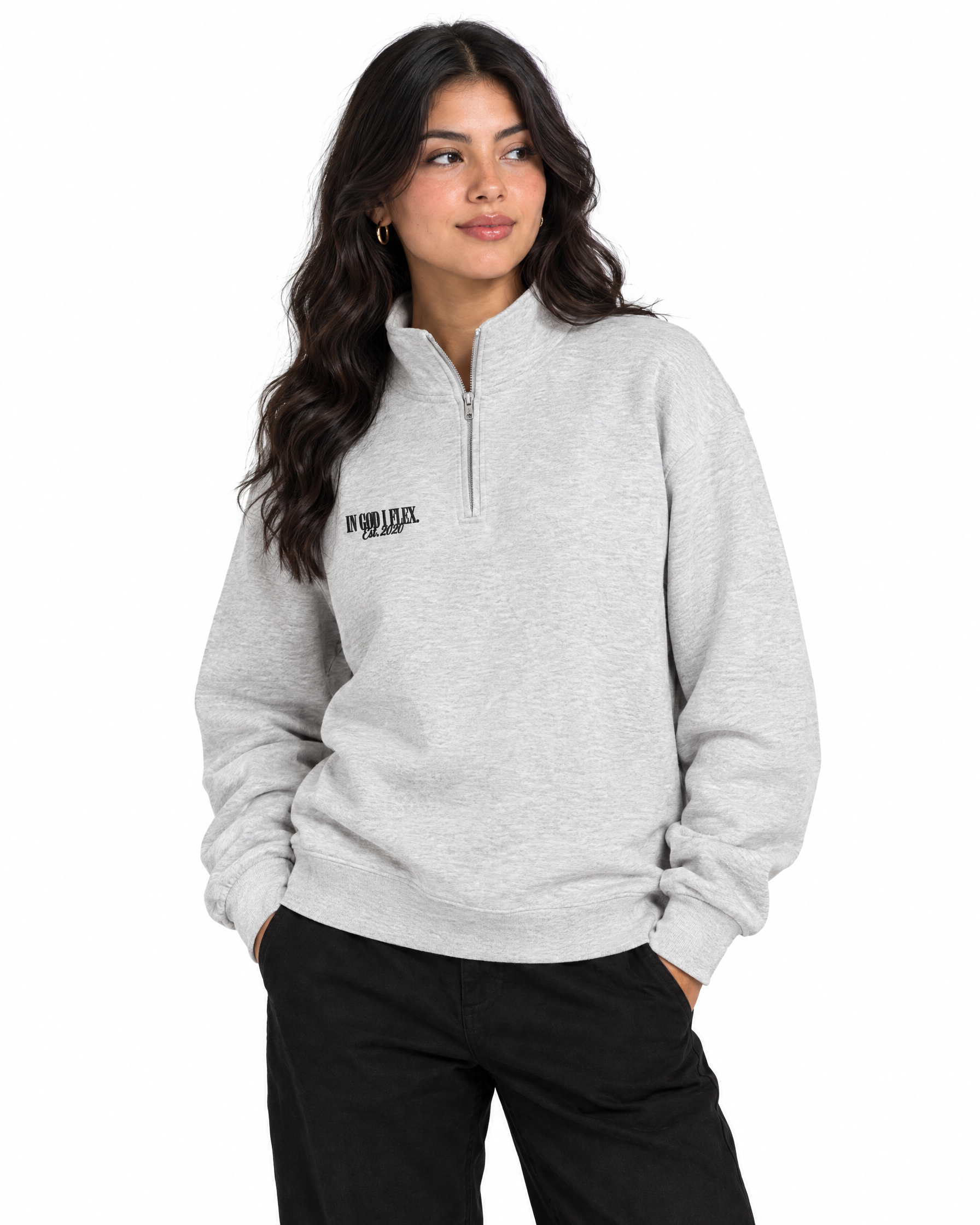 IGIF Premium Quarter-Zip in Heather Grey, worn by a model