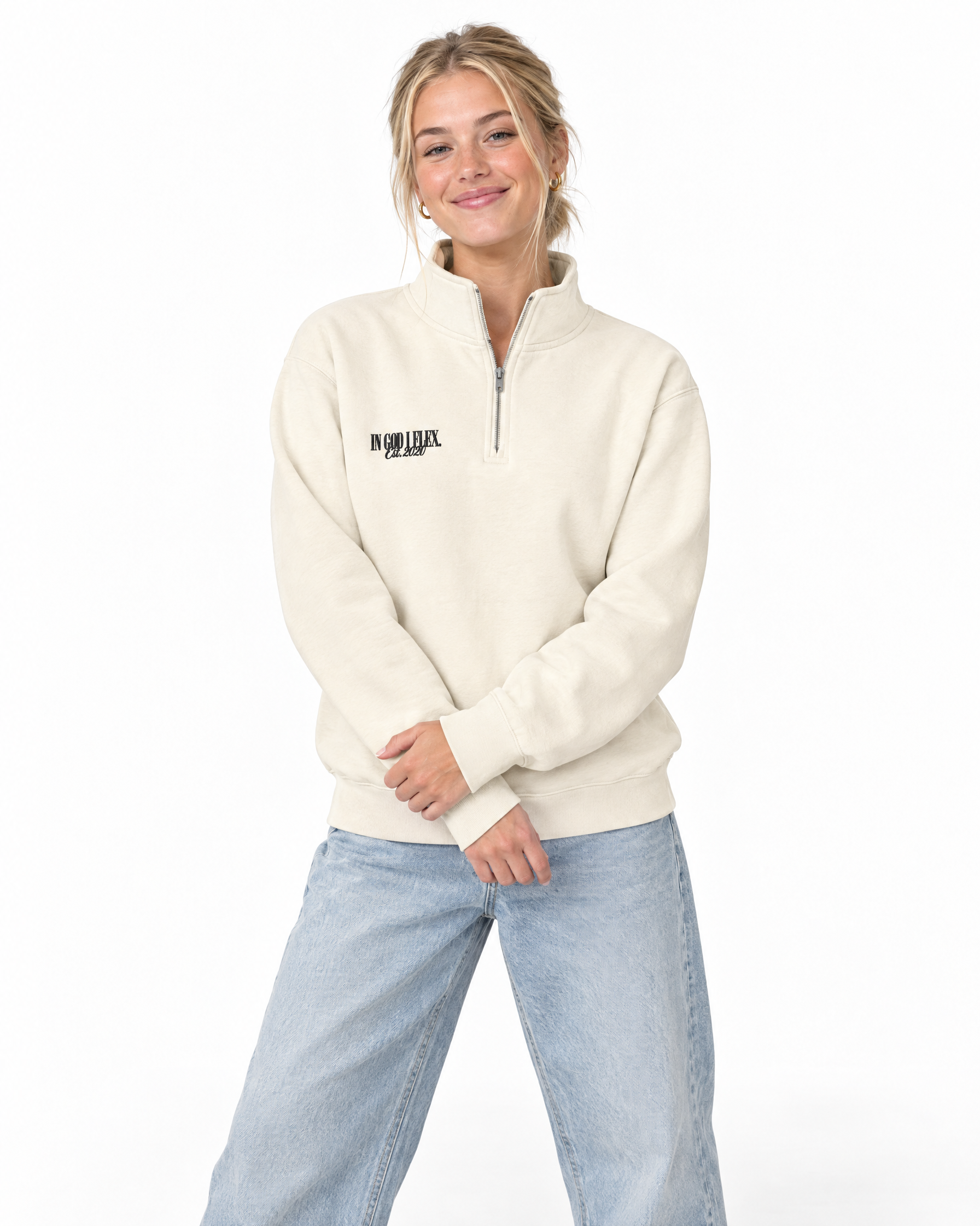 IGIF Premium Quarter-Zip in Sandshell, worn by a model