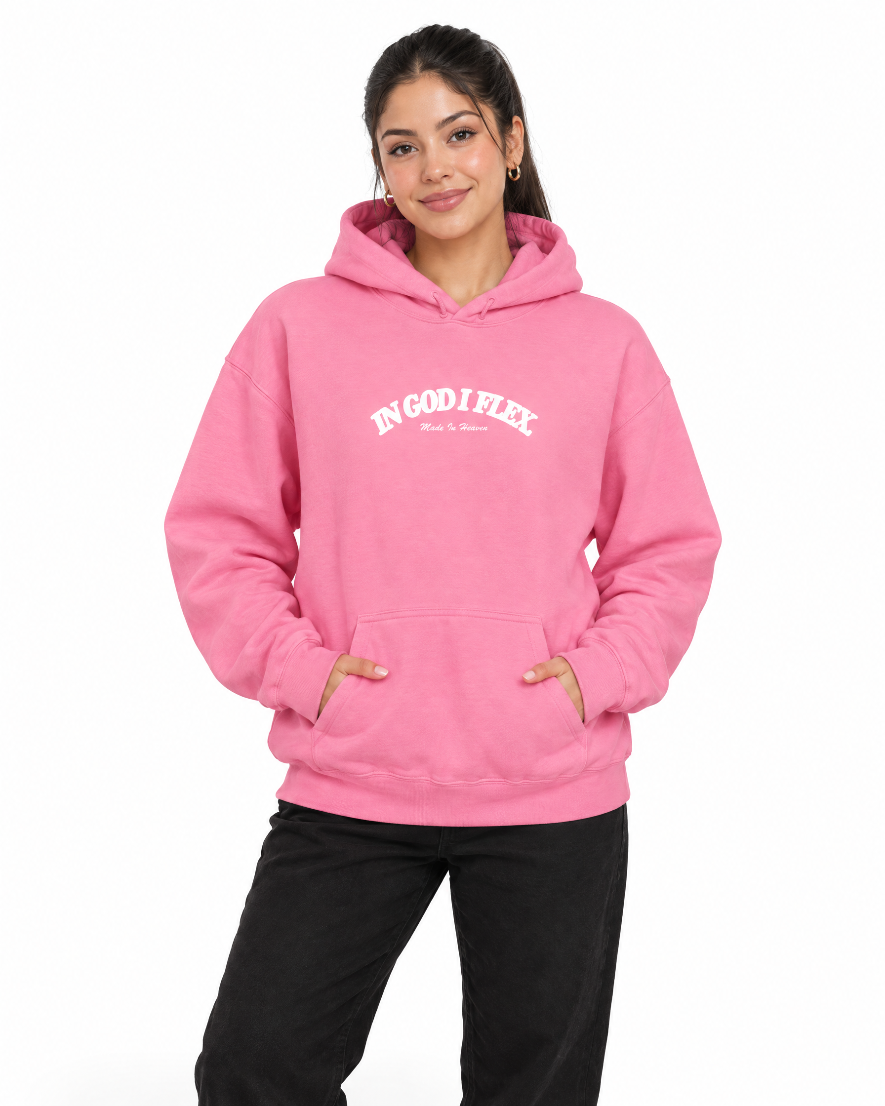 IGIF Everyday Hoodie in Azalea, worn by a model