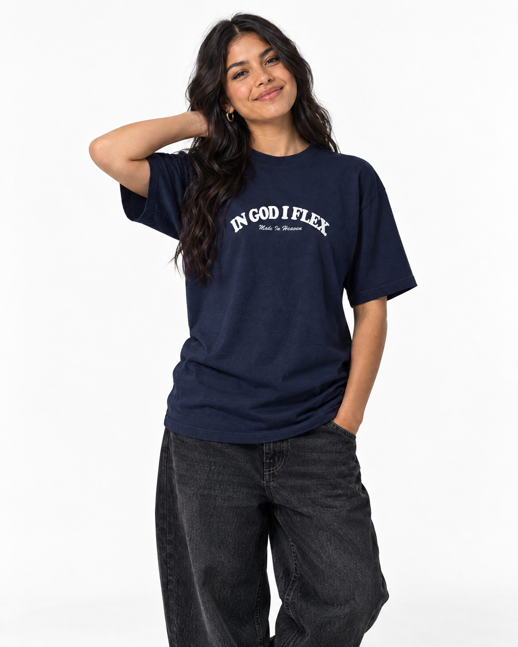 IGIF Everyday Tee in Navy, worn by a model