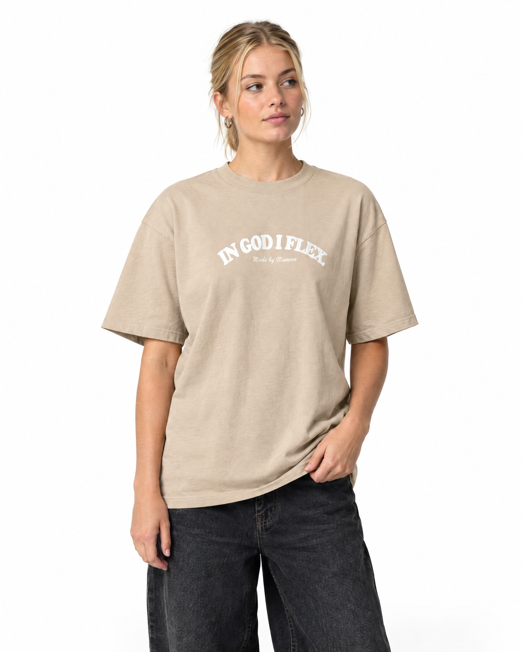 IGIF Everyday Tee in Sand, worn by a model