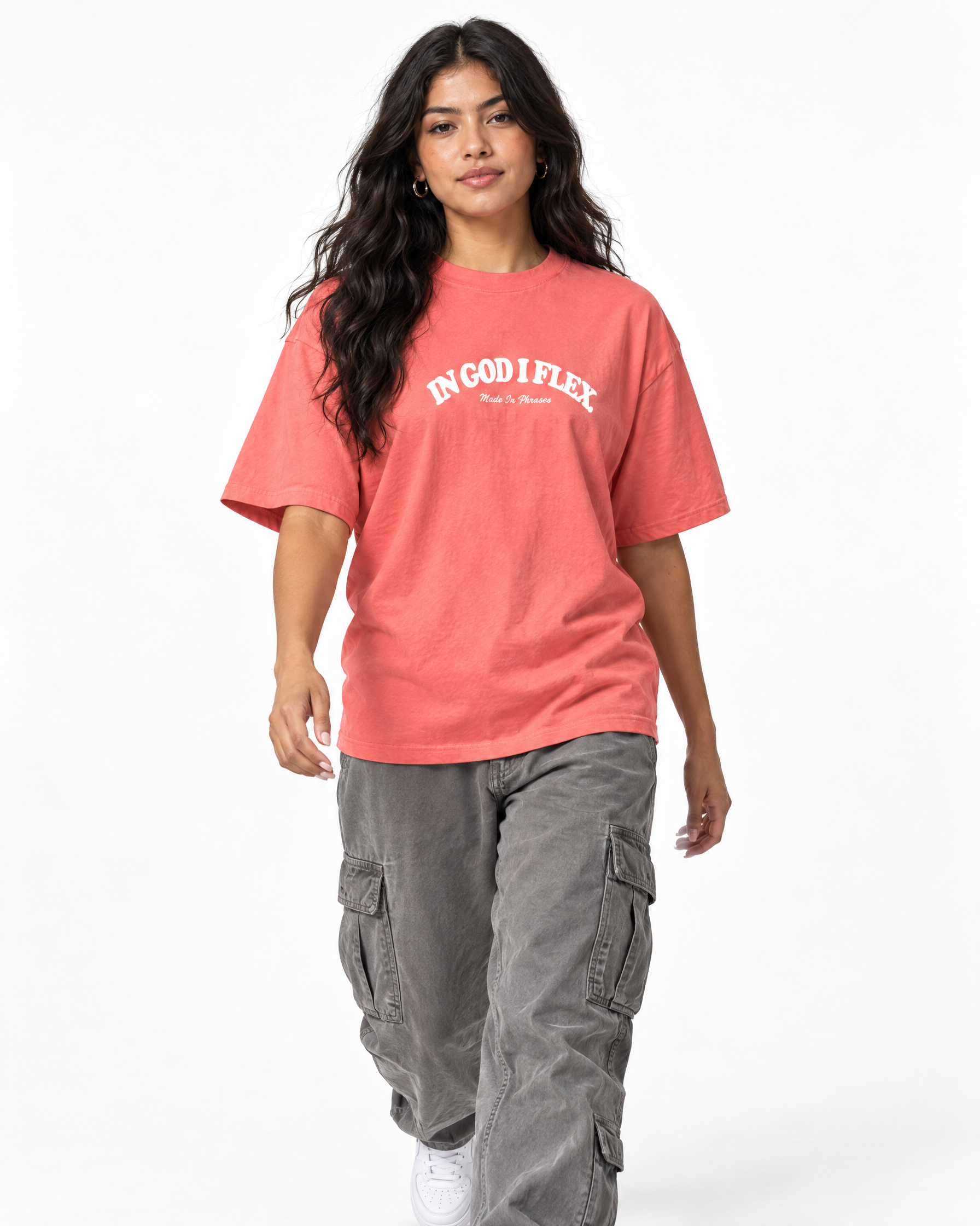 IGIF Everyday Tee in Coral Silk, worn by a model