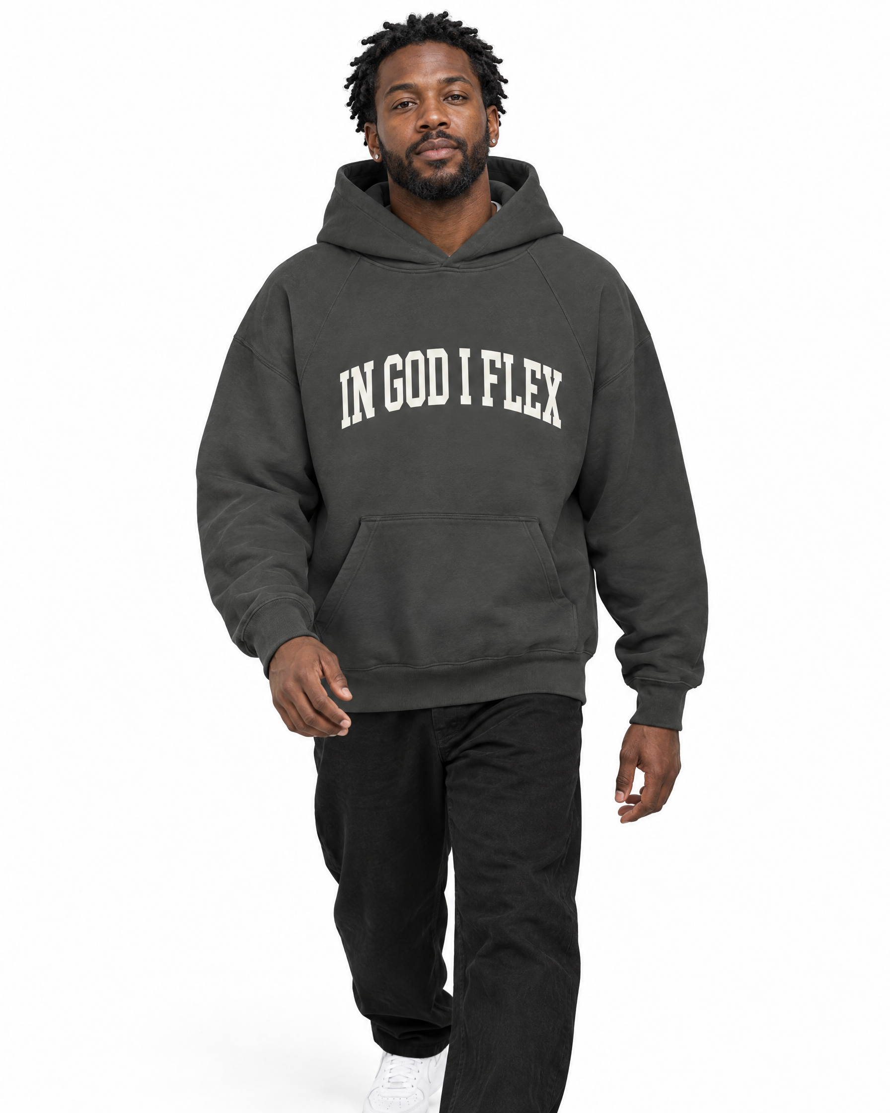 Conviction Heavyweight Hoodie — Dark Tones in Asphalt, worn by a model