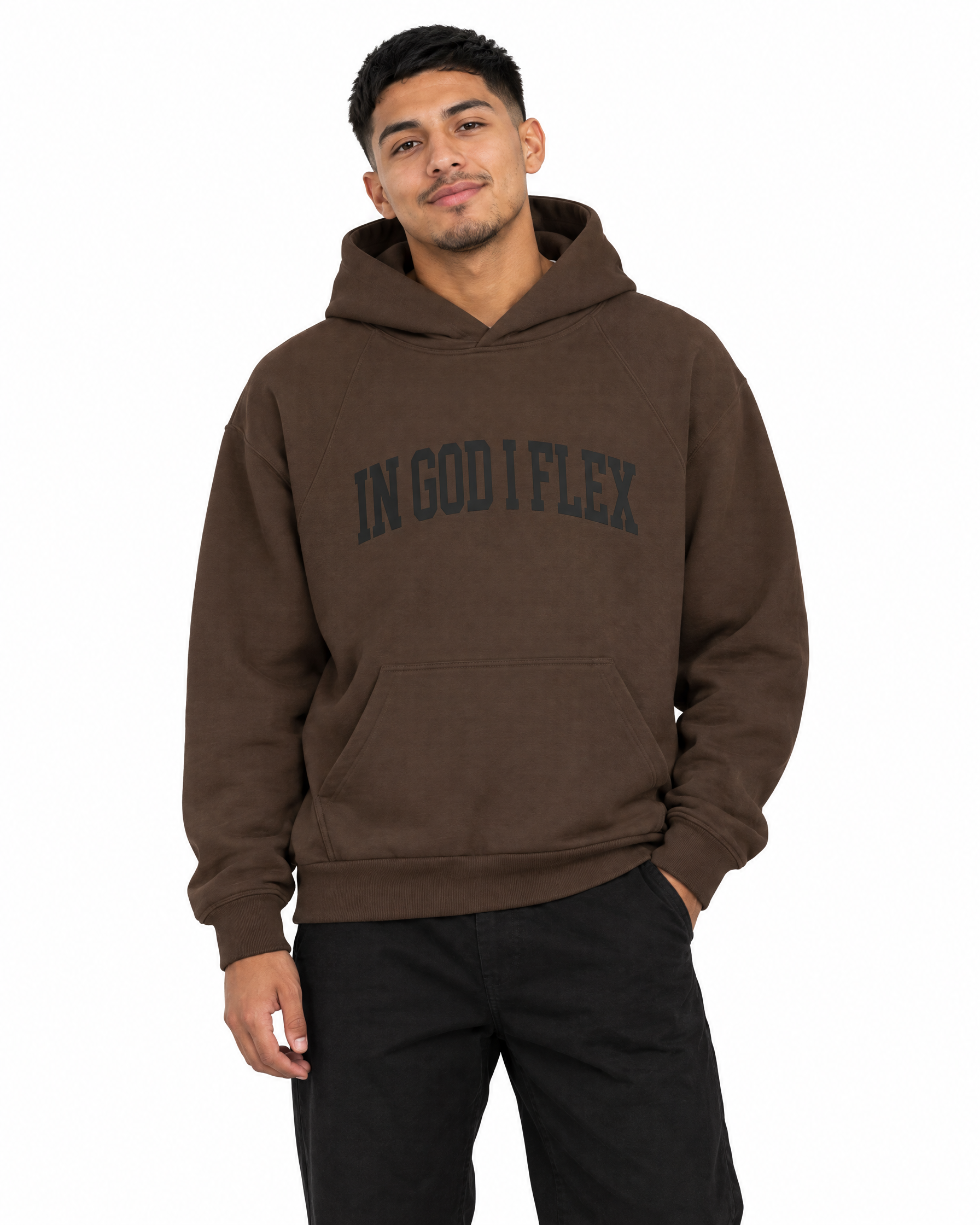 Conviction Heavyweight Hoodie — Earth Tones in Chocolate Brown, worn by a model