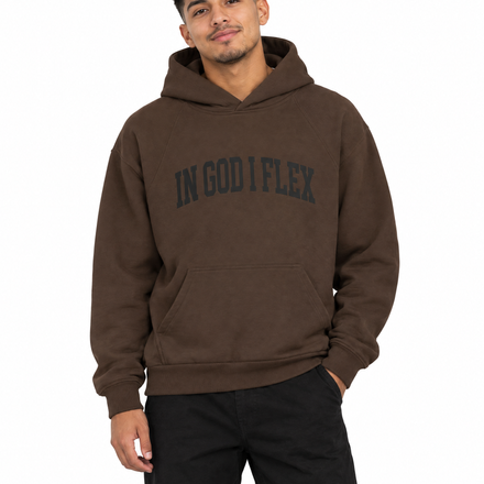 Conviction Heavyweight Hoodie — Earth Tones in Chocolate Brown, worn by a model