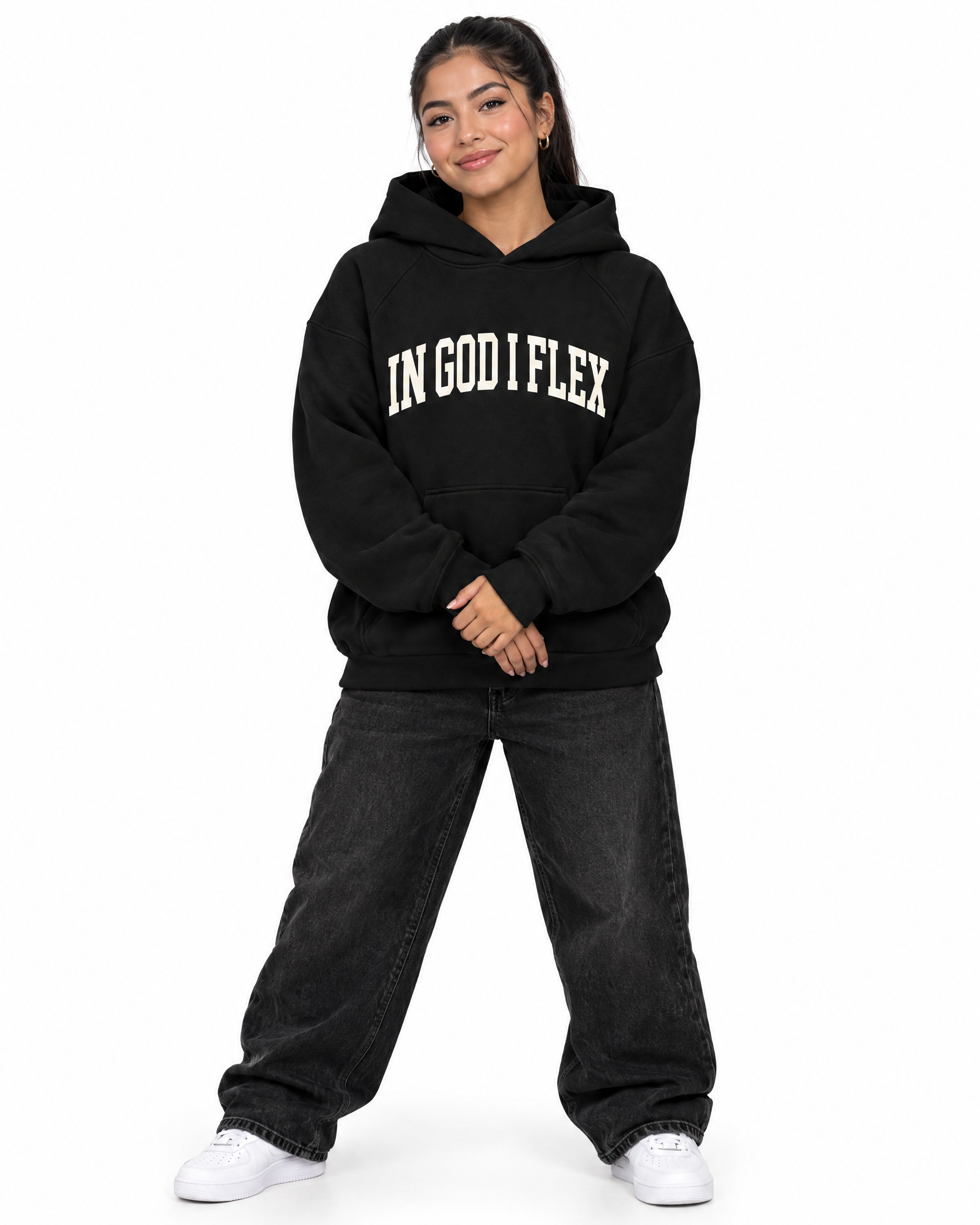Conviction Heavyweight Hoodie — Dark Tones in Black, worn by a model