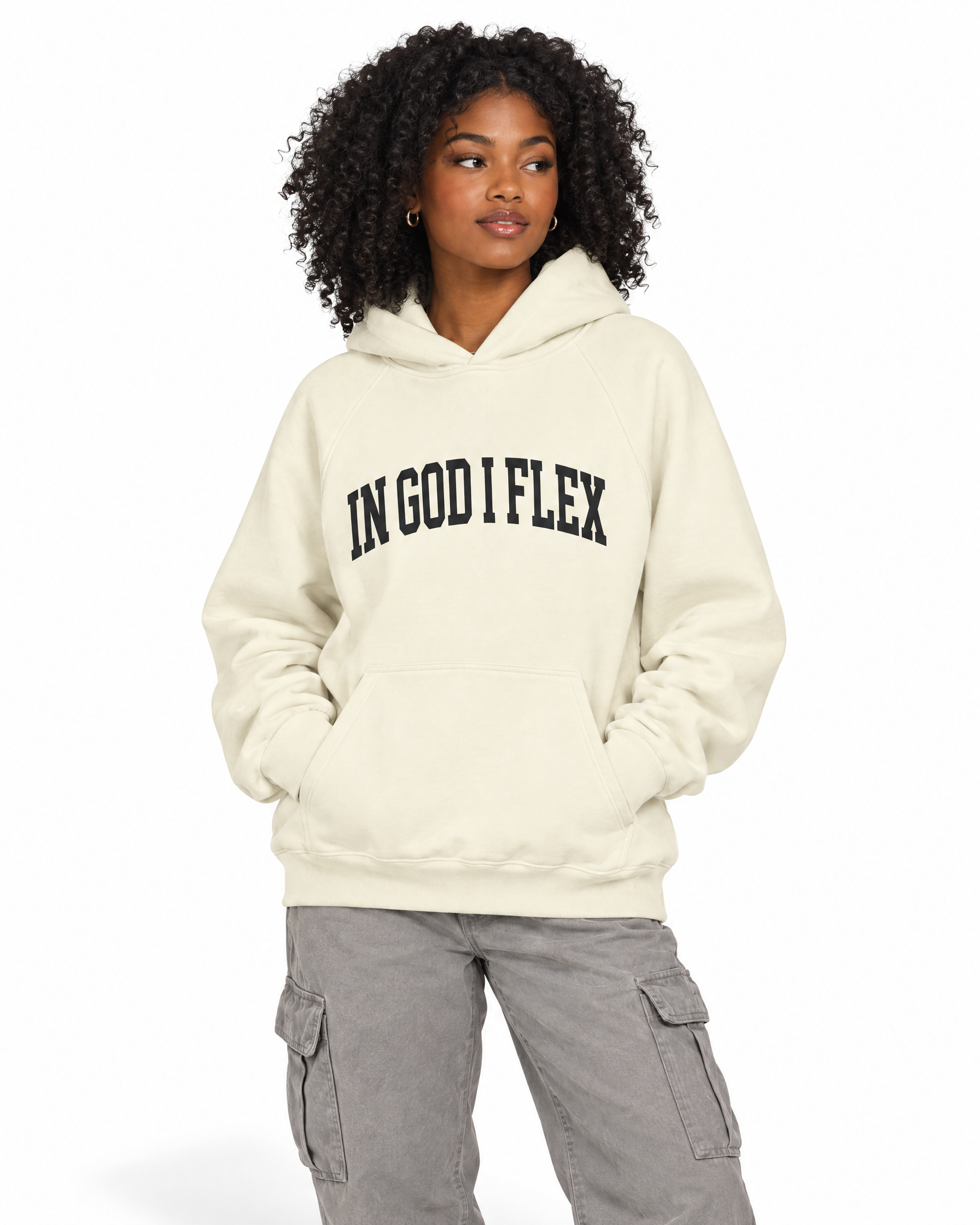 Conviction Heavyweight Hoodie — Earth Tones in Cream, worn by a model