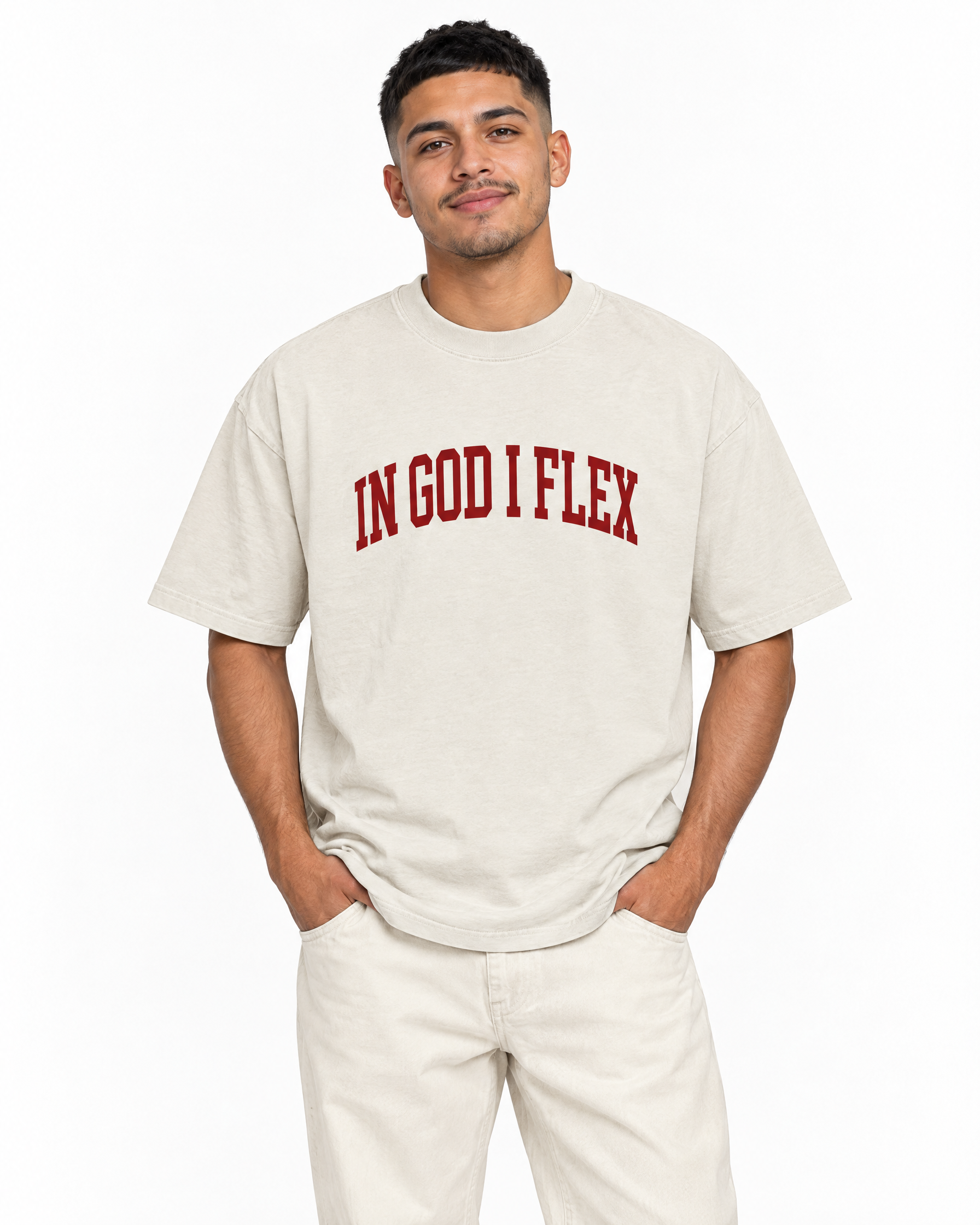 Crimson Edition 01 Heavyweight Tee in Faded Bone, worn by a model
