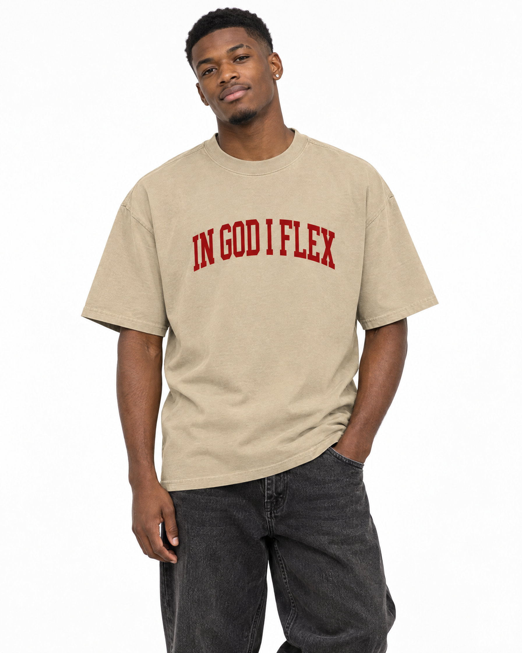 Crimson Edition 01 Heavyweight Tee in Faded Khaki, worn by a model
