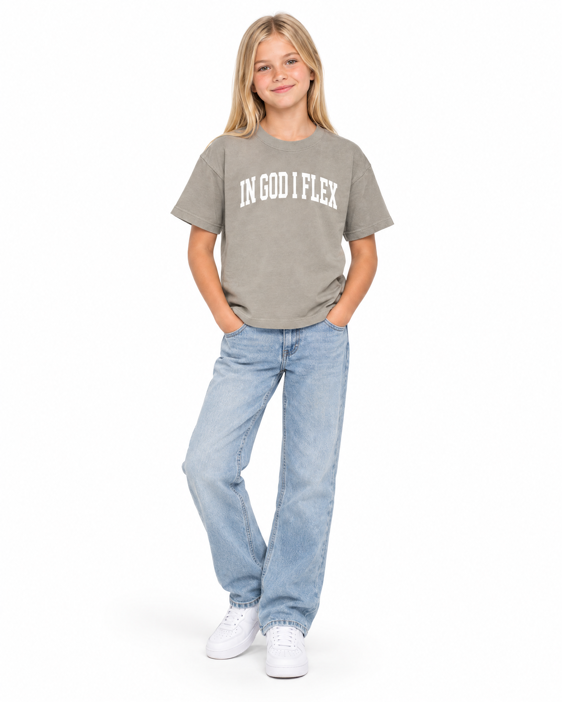 IGIF Kids Essential Tee in Gray Camel, worn by a child model