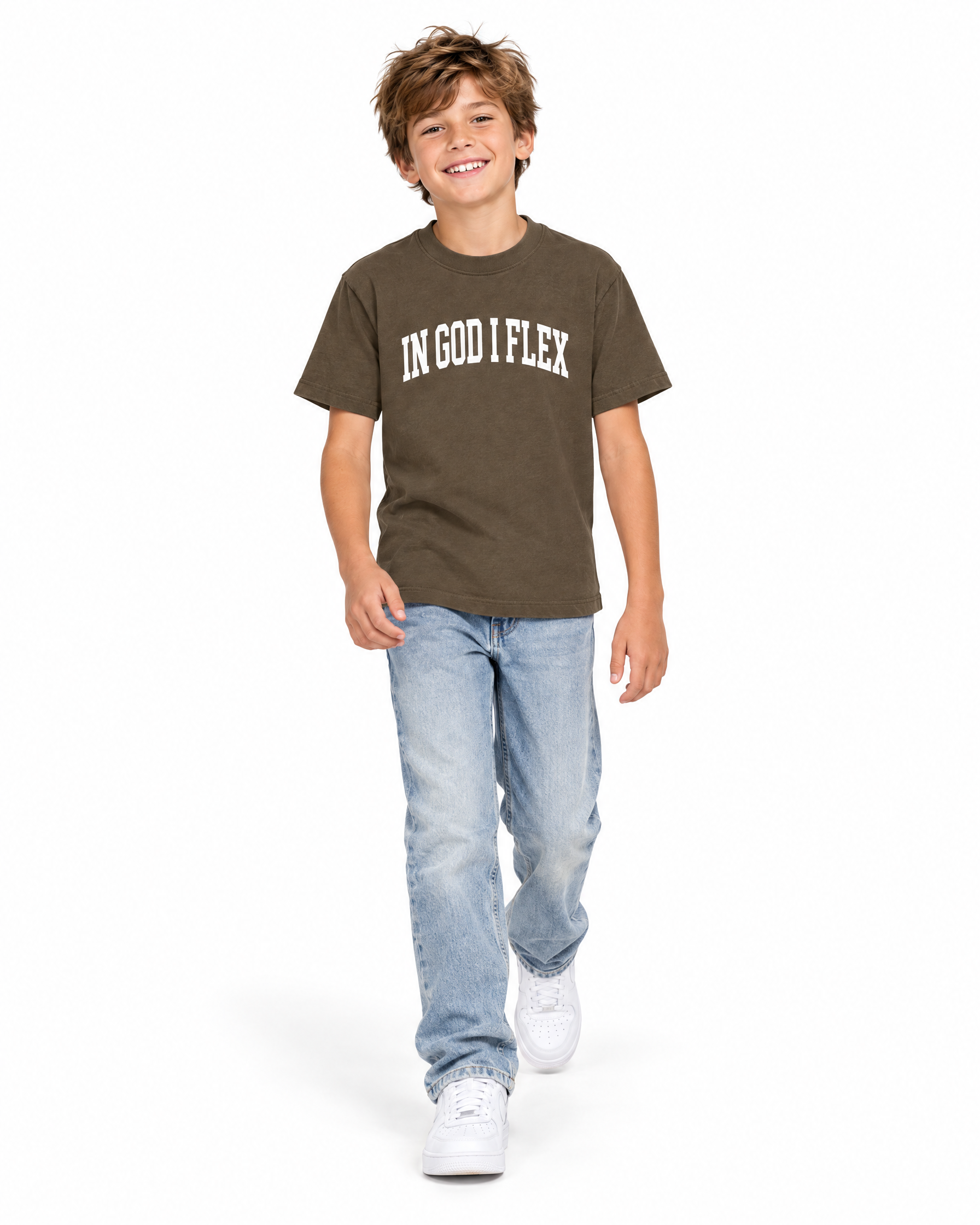 IGIF Kids Essential Tee in Brown, worn by a child model