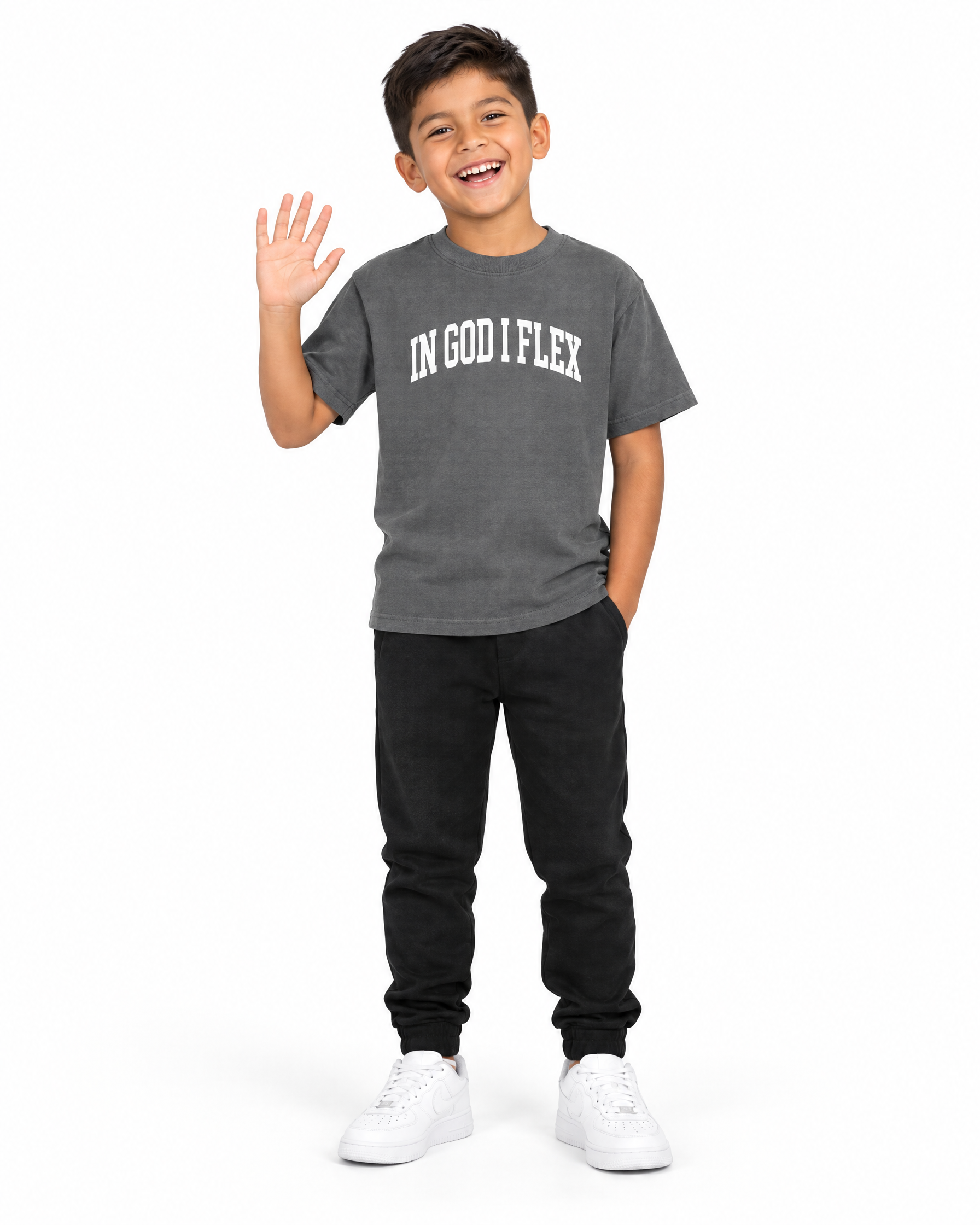 IGIF Kids Essential Tee in Carbon Gray, worn by a child model