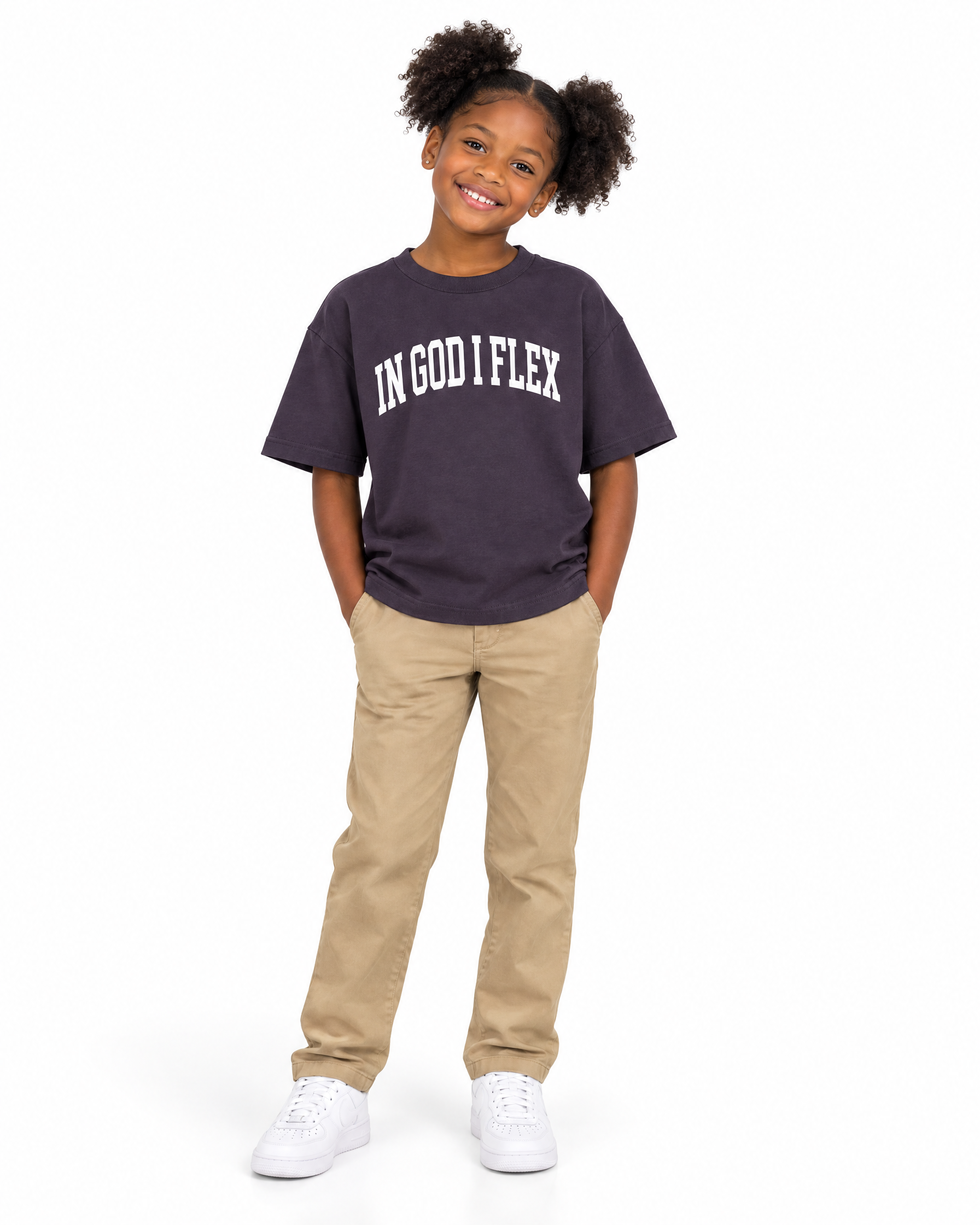 IGIF Kids Drop-Shoulder Tee in Purple, worn by a child model
