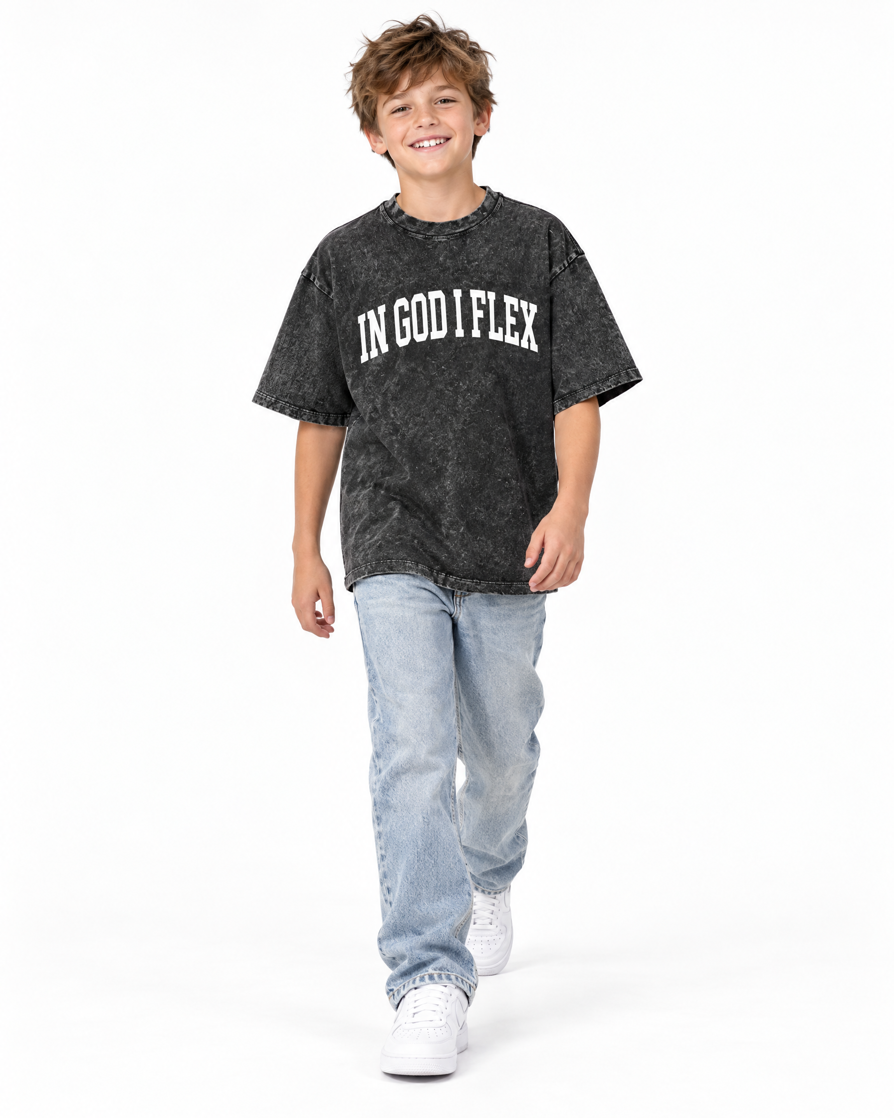 IGIF Kids Snow Wash Tee in Black, worn by a child model