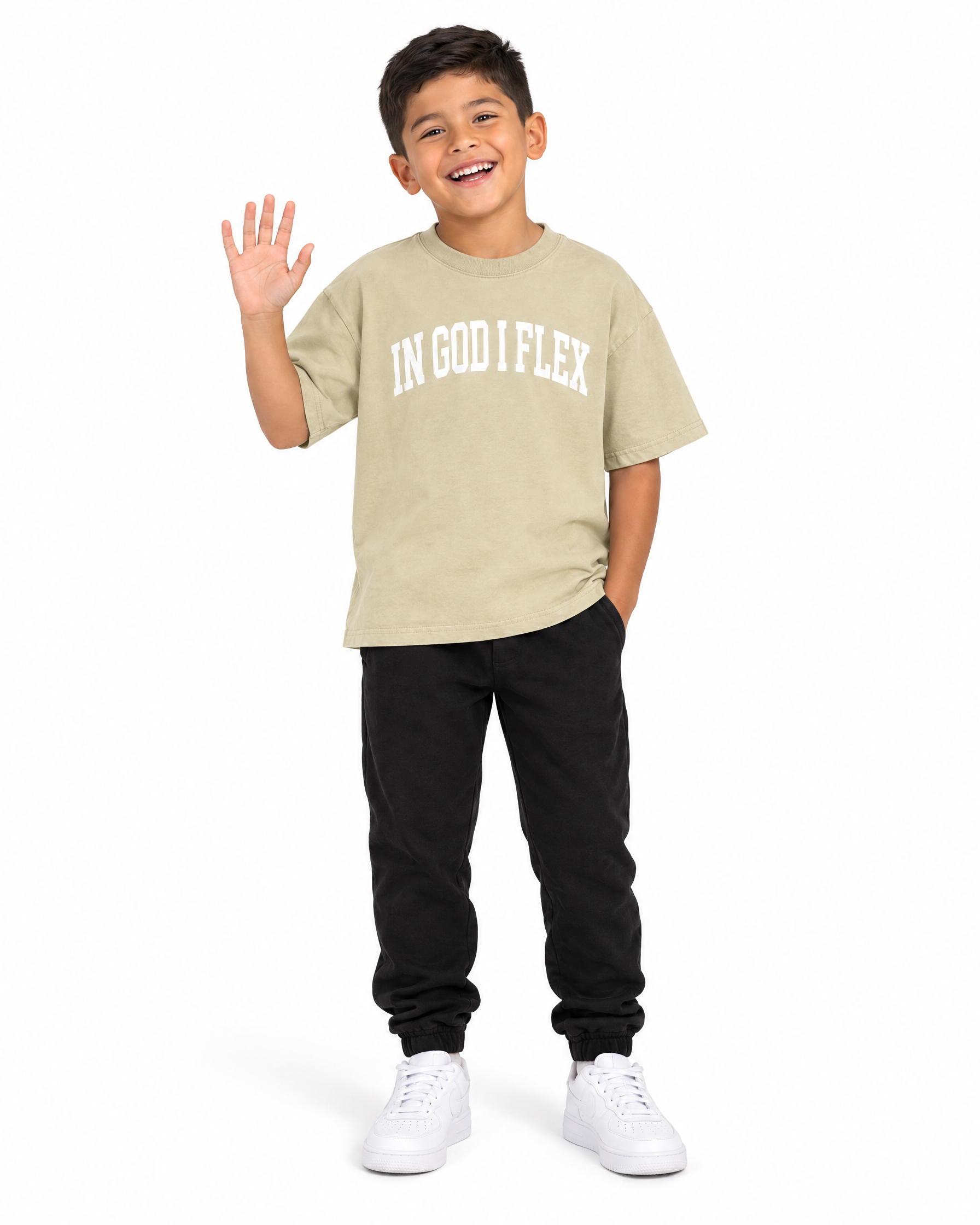 IGIF Kids Drop-Shoulder Tee in Khaki, worn by a child model