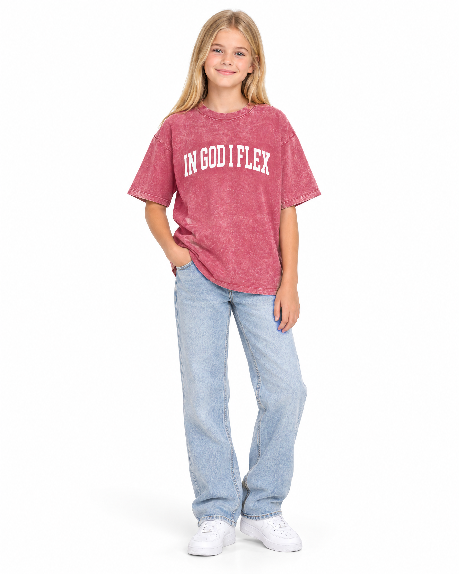IGIF Kids Snow Wash Tee in Cherry Color, worn by a child model