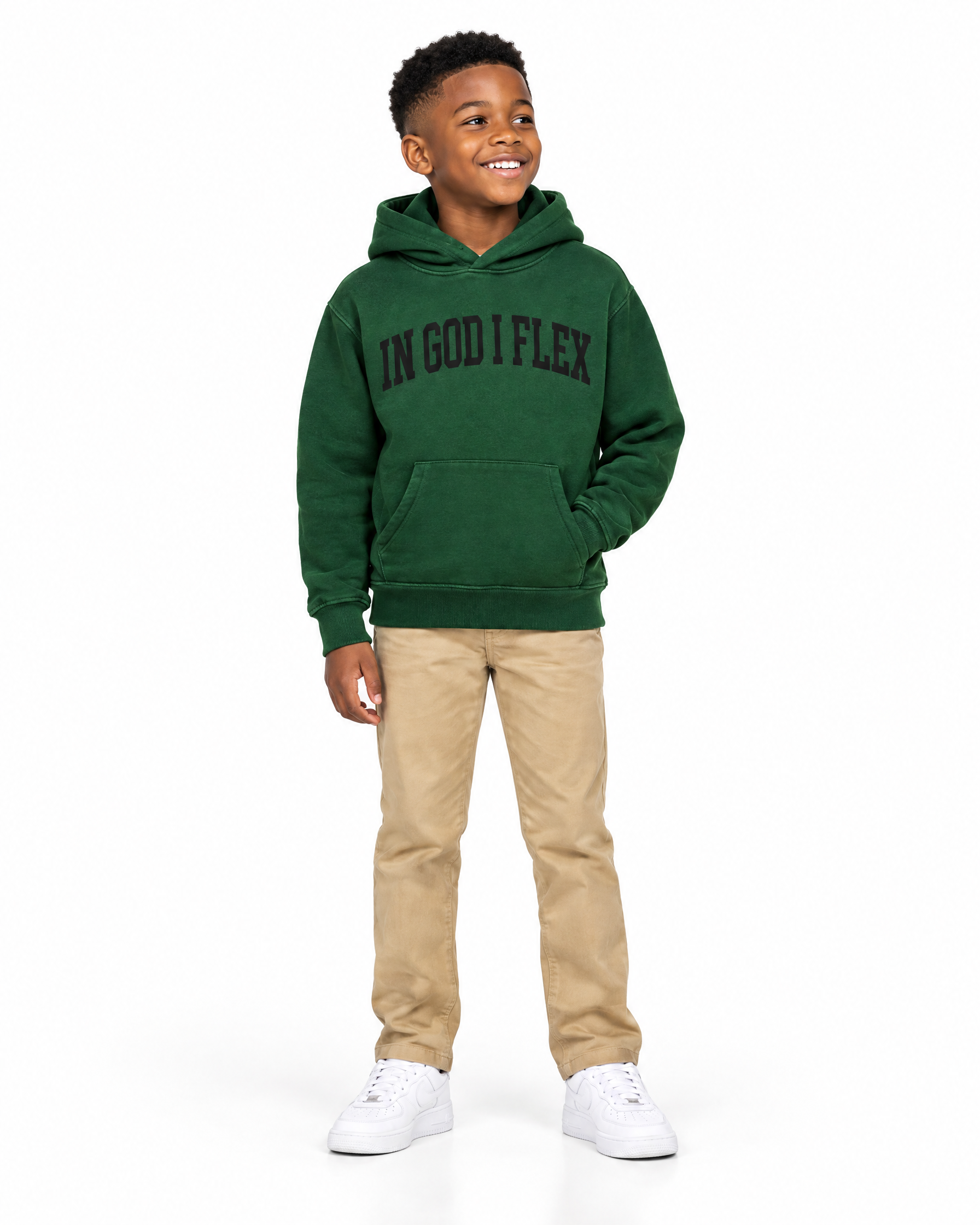 IGIF Kids Essential Hoodie in Blackish Green, worn by a child model