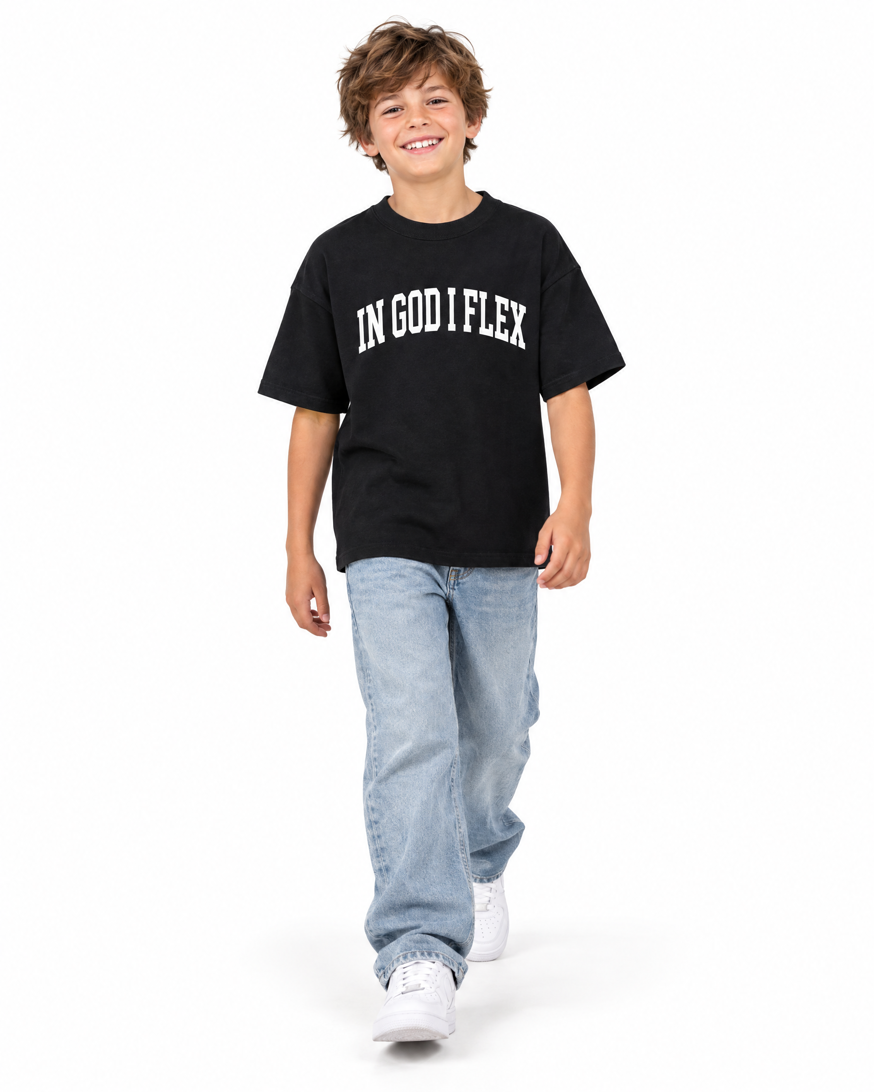 IGIF Kids Drop-Shoulder Tee in Black, worn by a child model