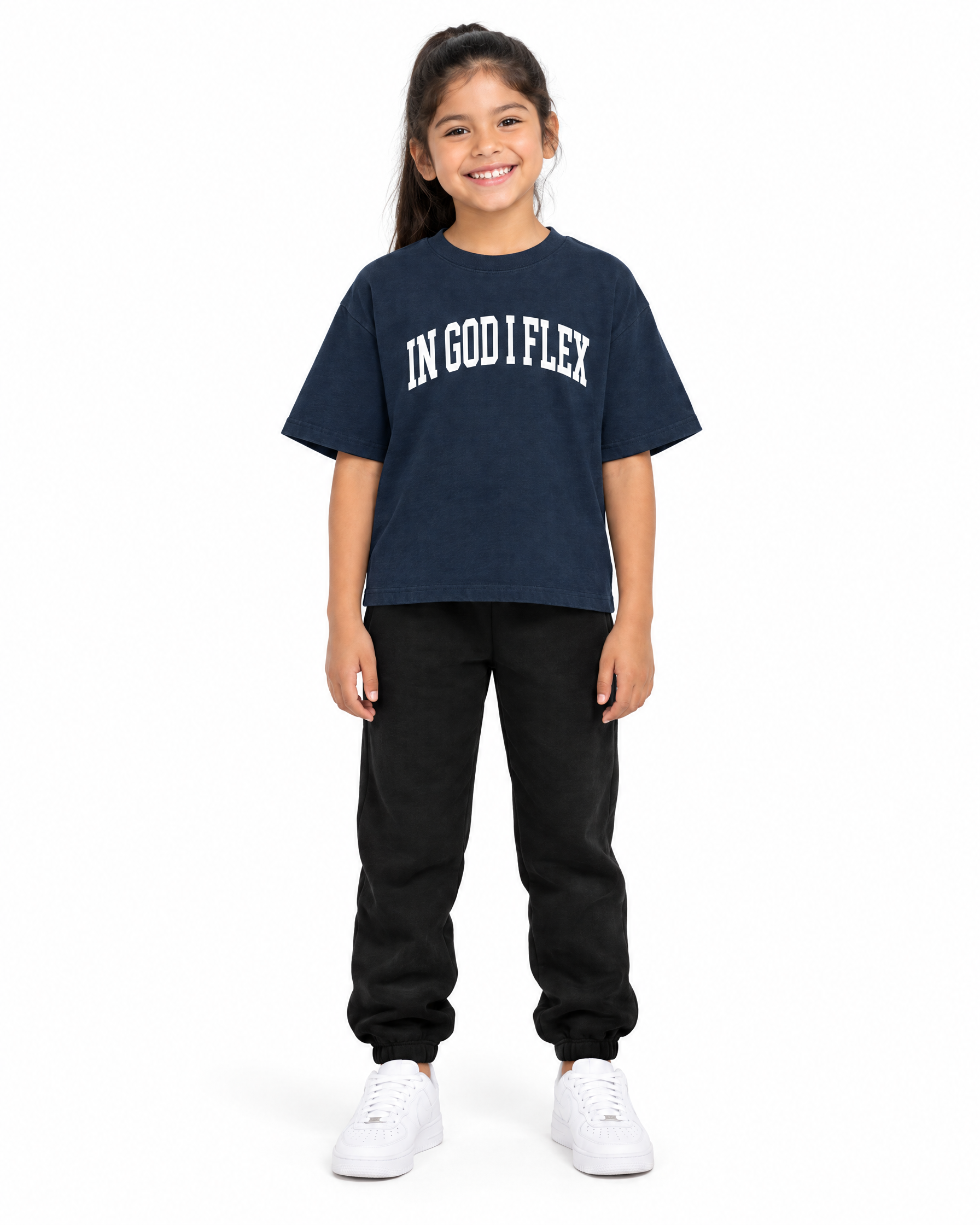 IGIF Kids Drop-Shoulder Tee in Navy Blue, worn by a child model