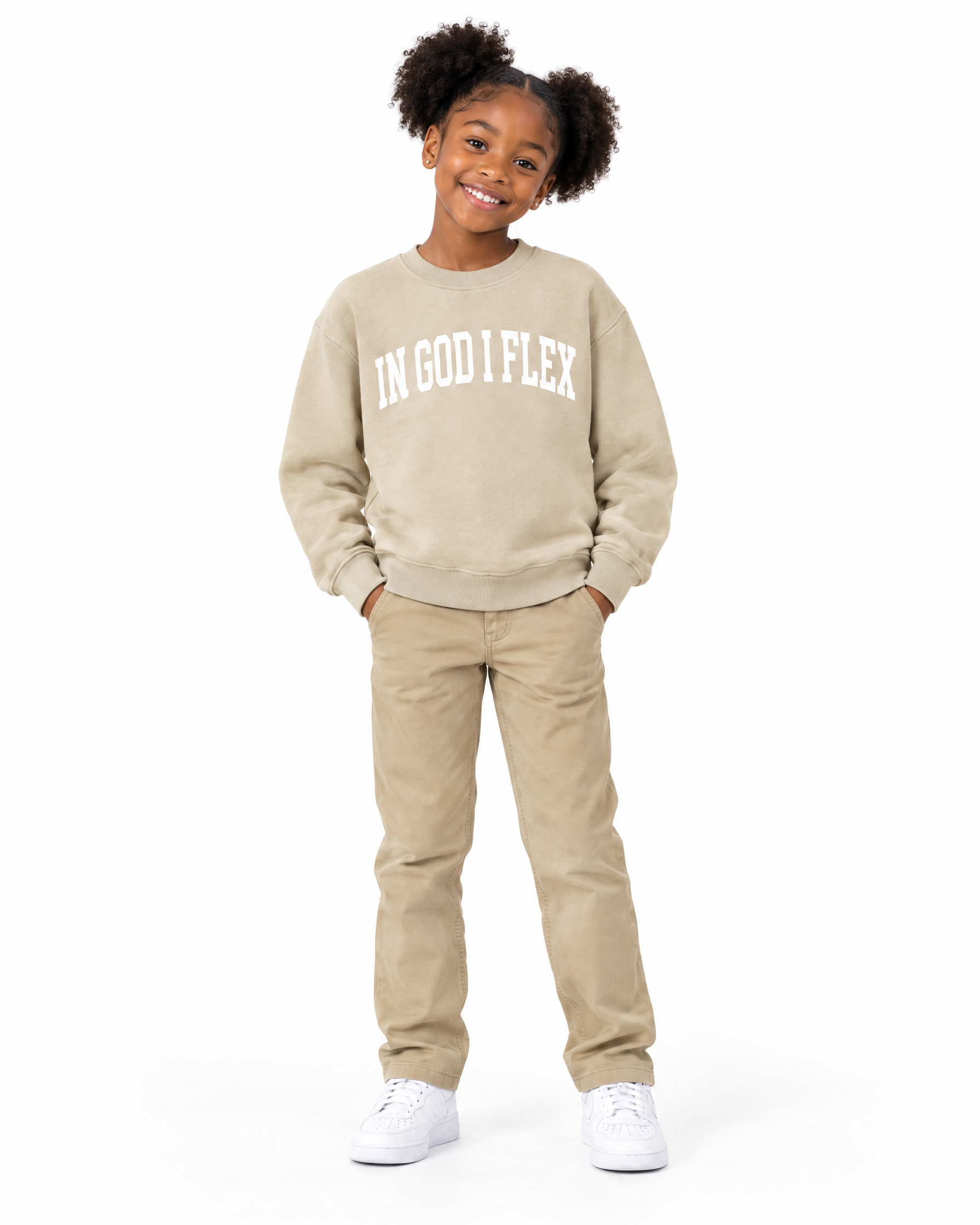 IGIF Kids Essential Crewneck in Khaki, worn by a child model