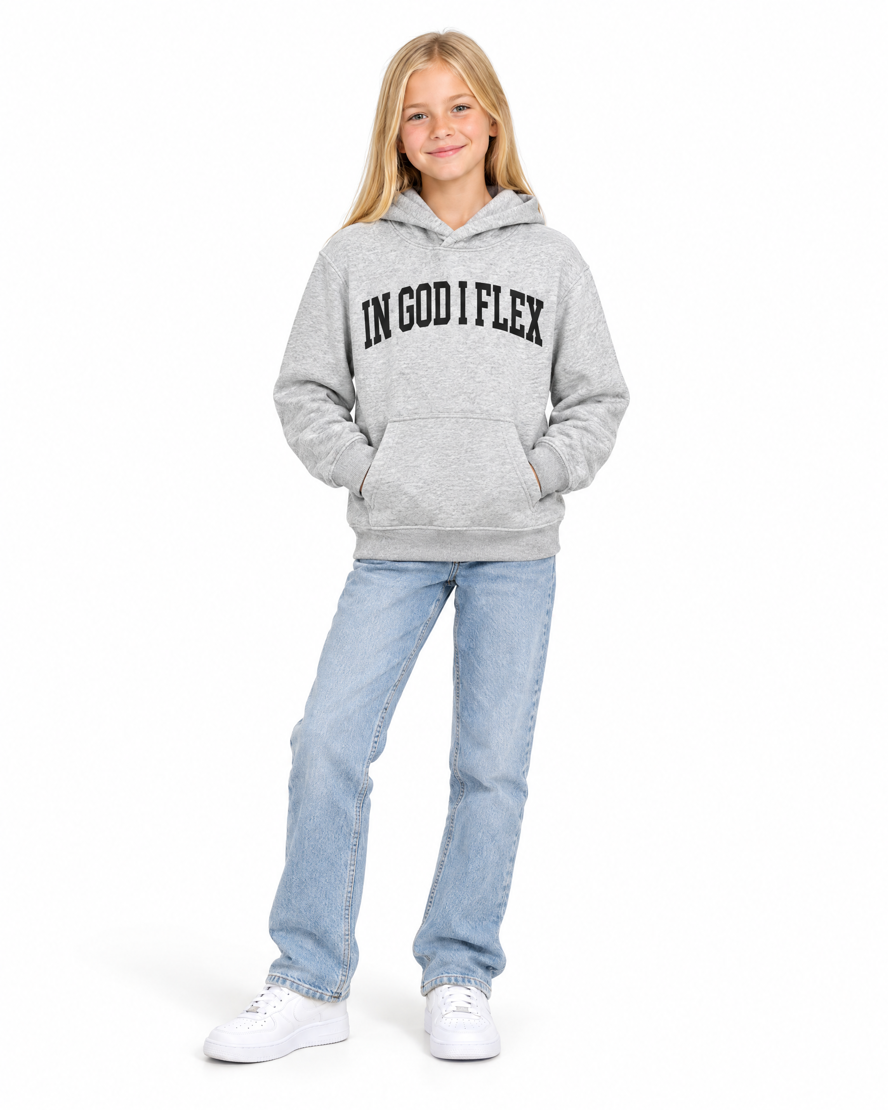 IGIF Kids Essential Hoodie in Flower Gray, worn by a child model