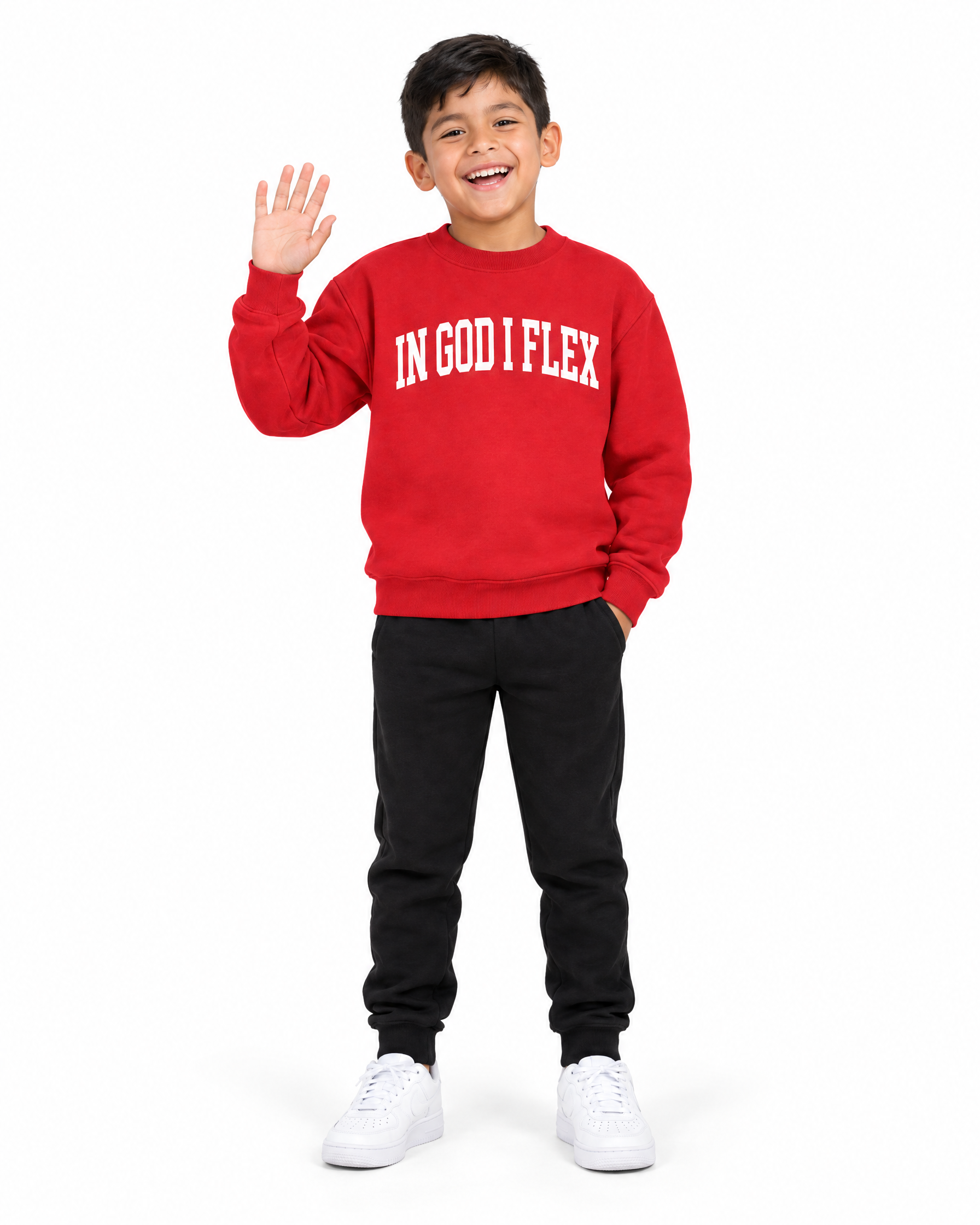 IGIF Kids Essential Crewneck in Red, worn by a child model