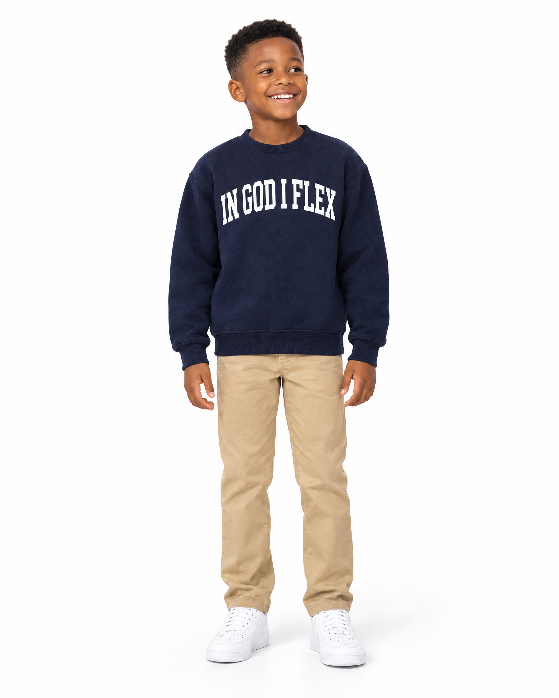 IGIF Kids Essential Crewneck in Navy Blue, worn by a child model