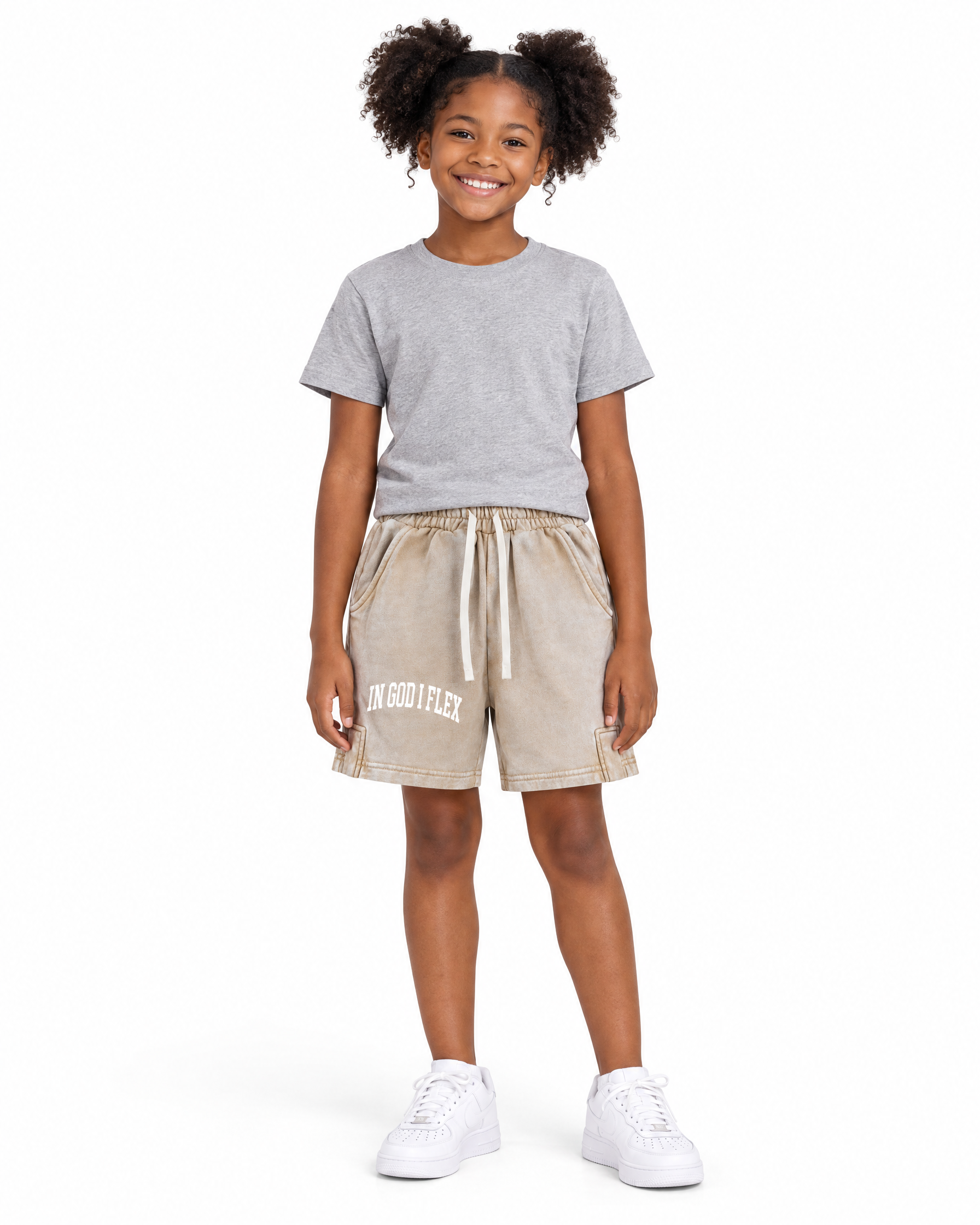 IGIF Kids Snow Wash Shorts in Khaki, worn by a child model