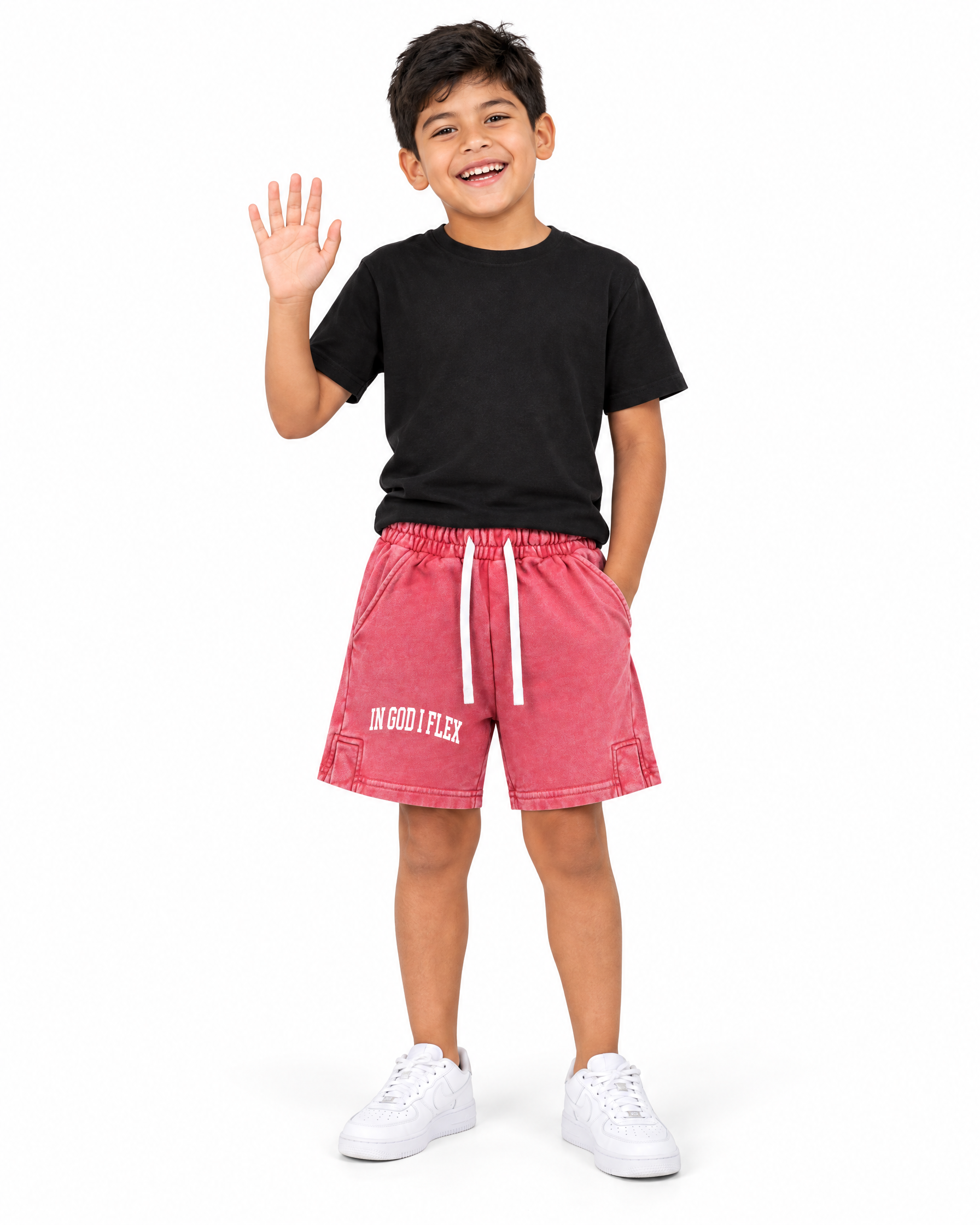 IGIF Kids Snow Wash Shorts in Pink, worn by a child model