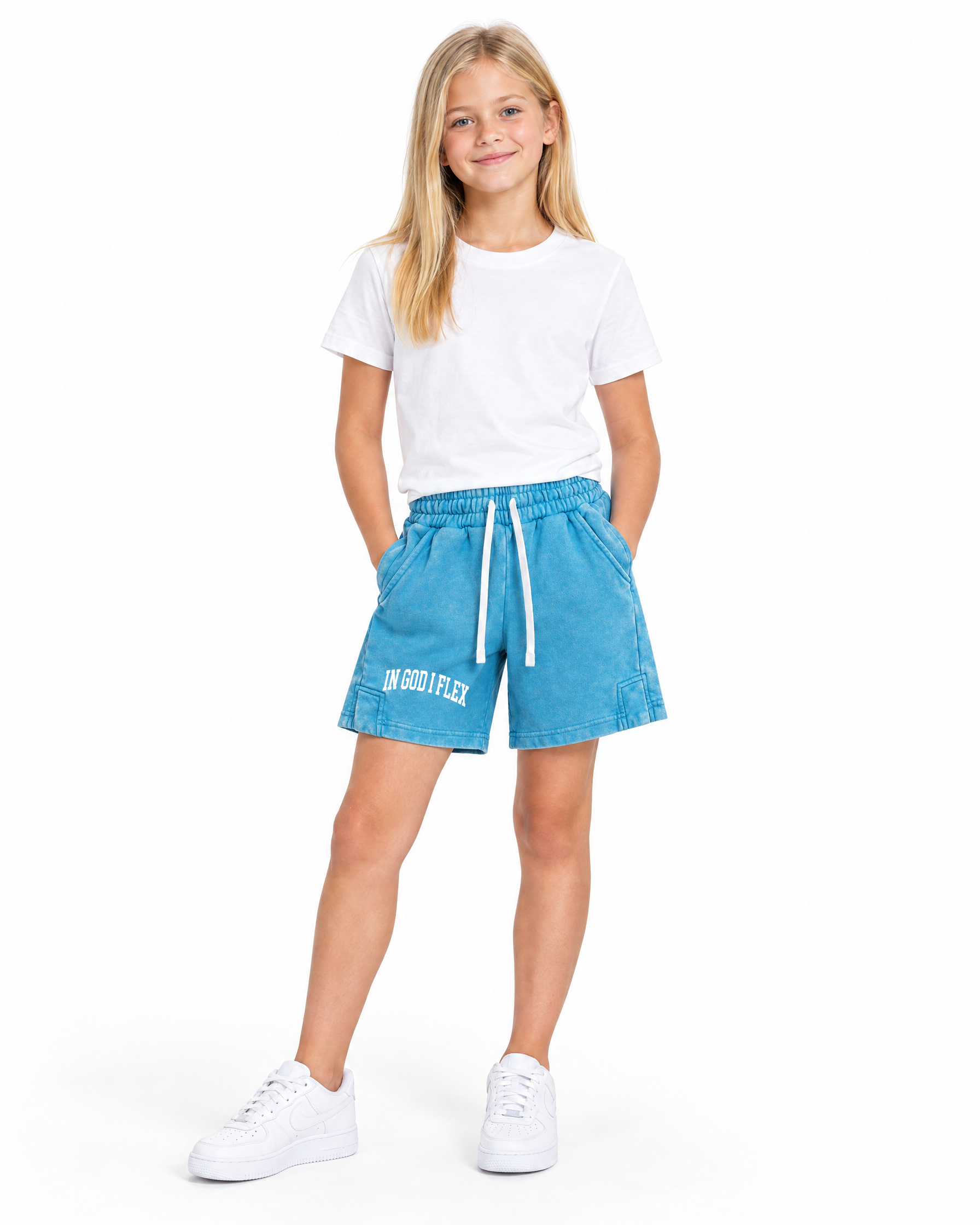 IGIF Kids Snow Wash Shorts in Sky Blue, worn by a child model