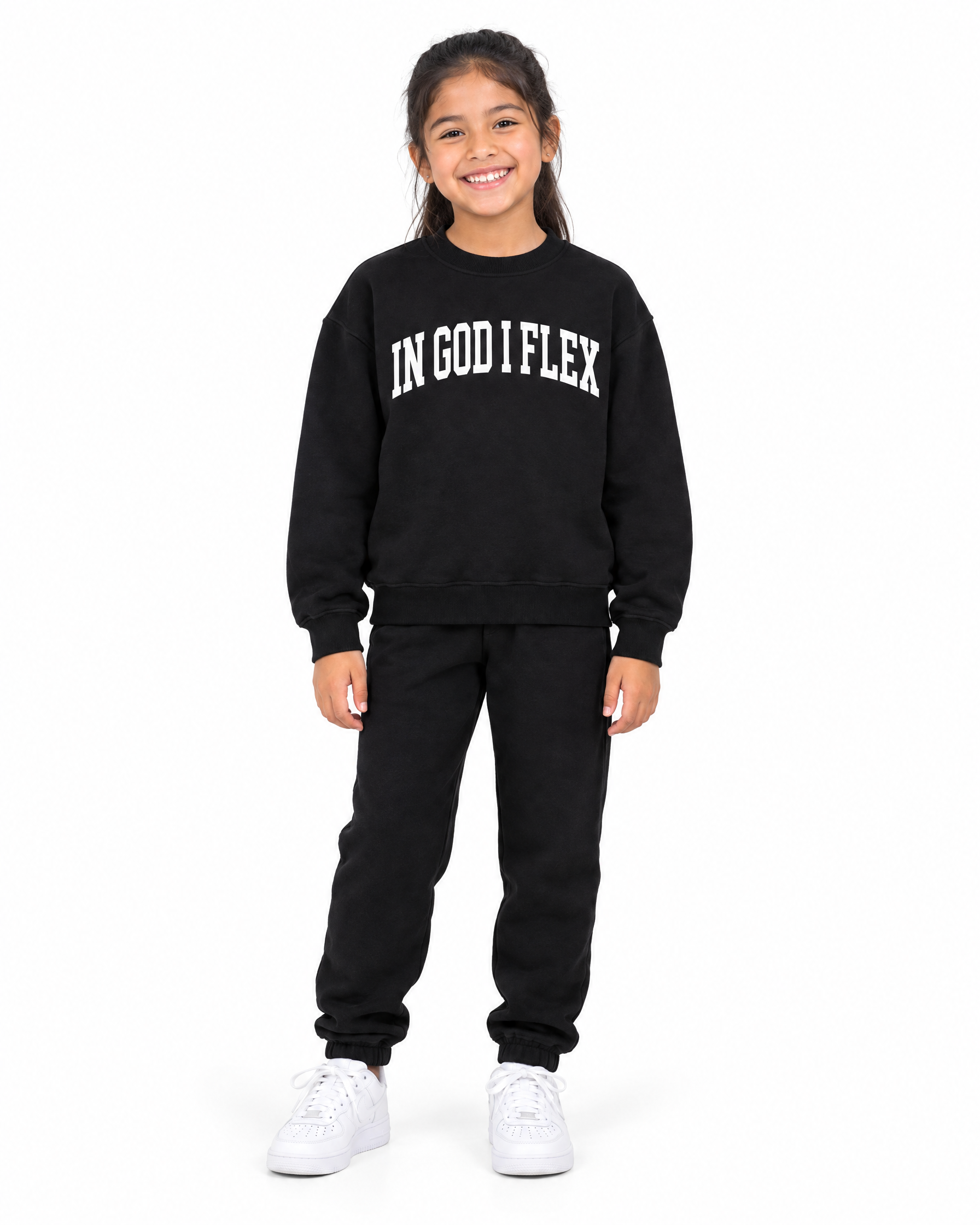 IGIF Kids Essential Crewneck in Black, worn by a child model