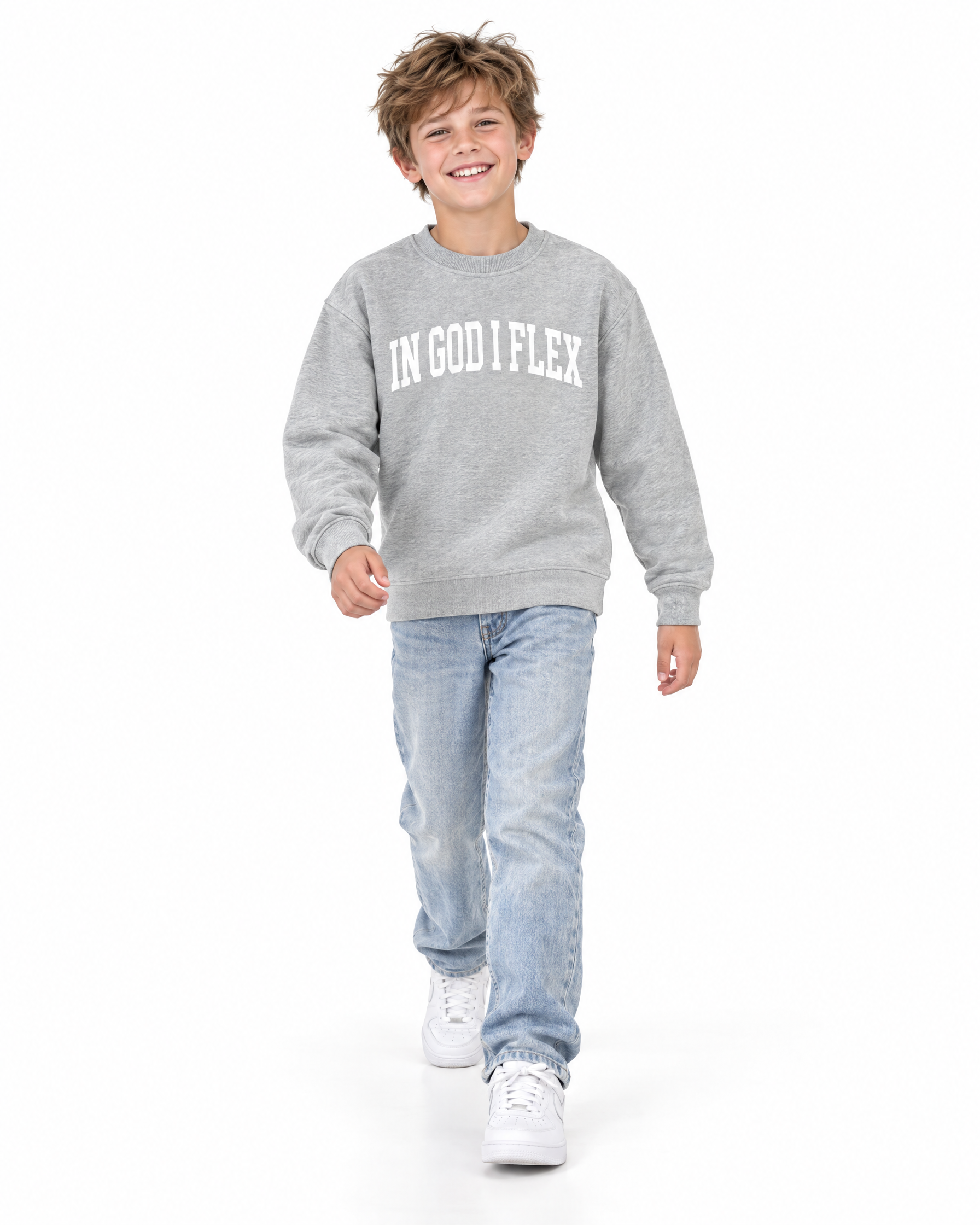 IGIF Kids Essential Crewneck in Flower Gray, worn by a child model