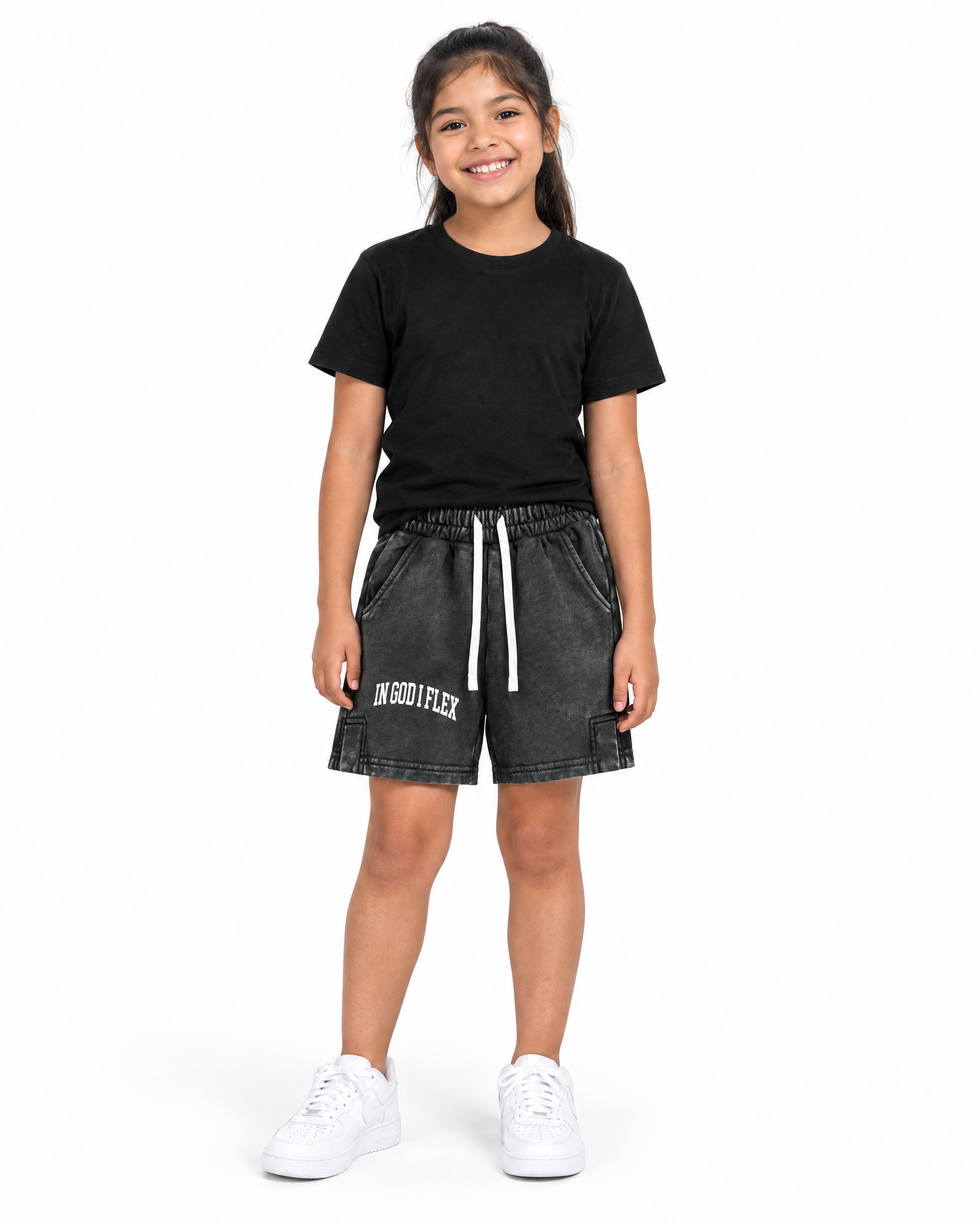 IGIF Kids Snow Wash Shorts in Dark Gray, worn by a child model