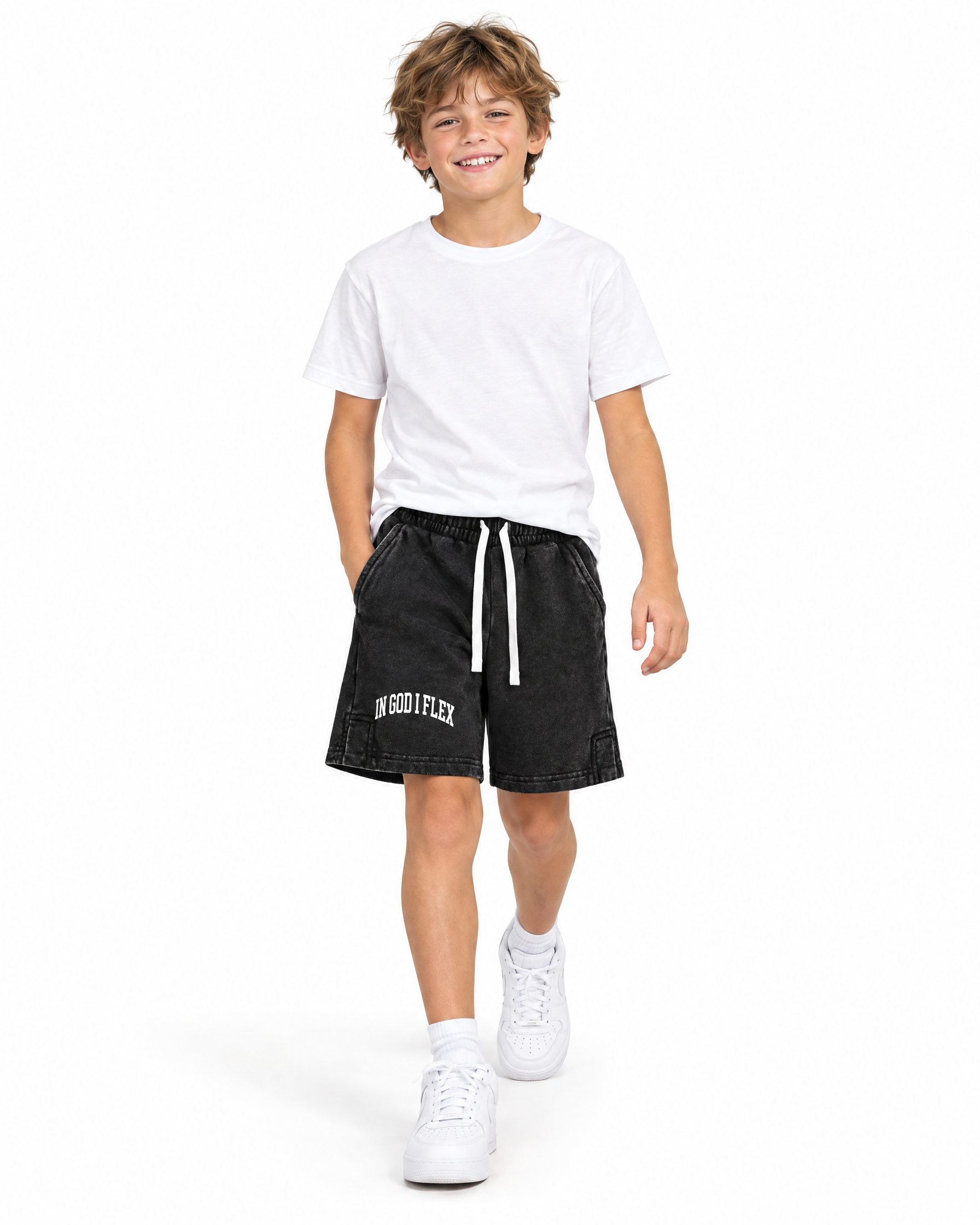 IGIF Kids Snow Wash Shorts in Black, worn by a child model