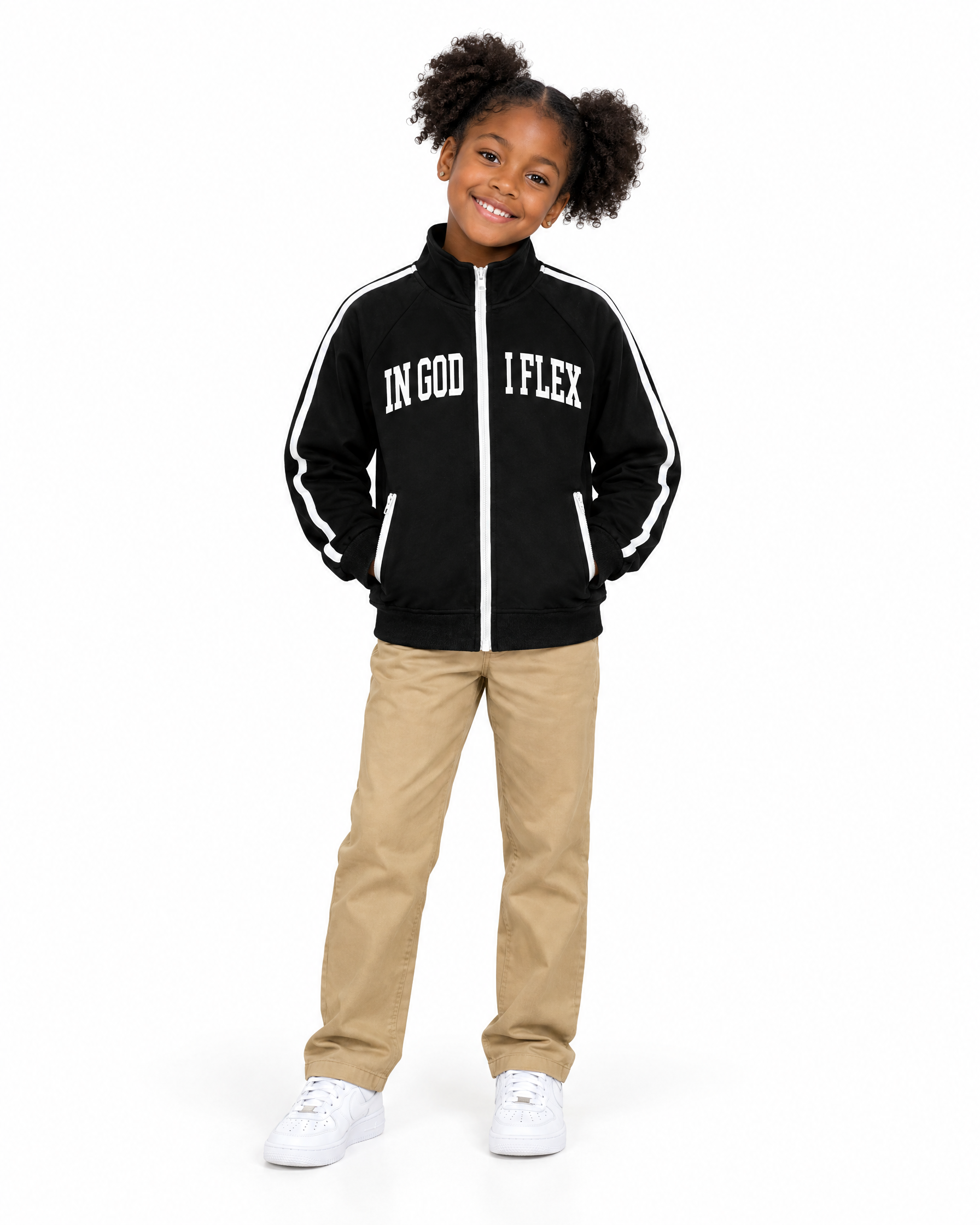 IGIF Kids Coach Jacket in Black, worn by a child model