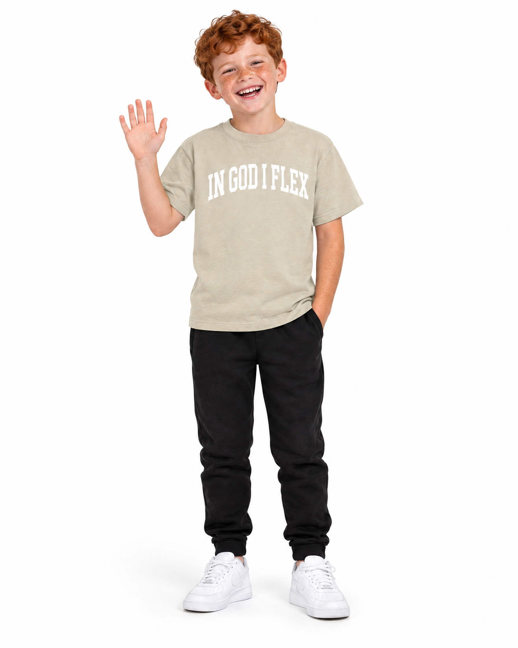 IGIF Kids Essential Tee II in Sand Color, worn by a child model